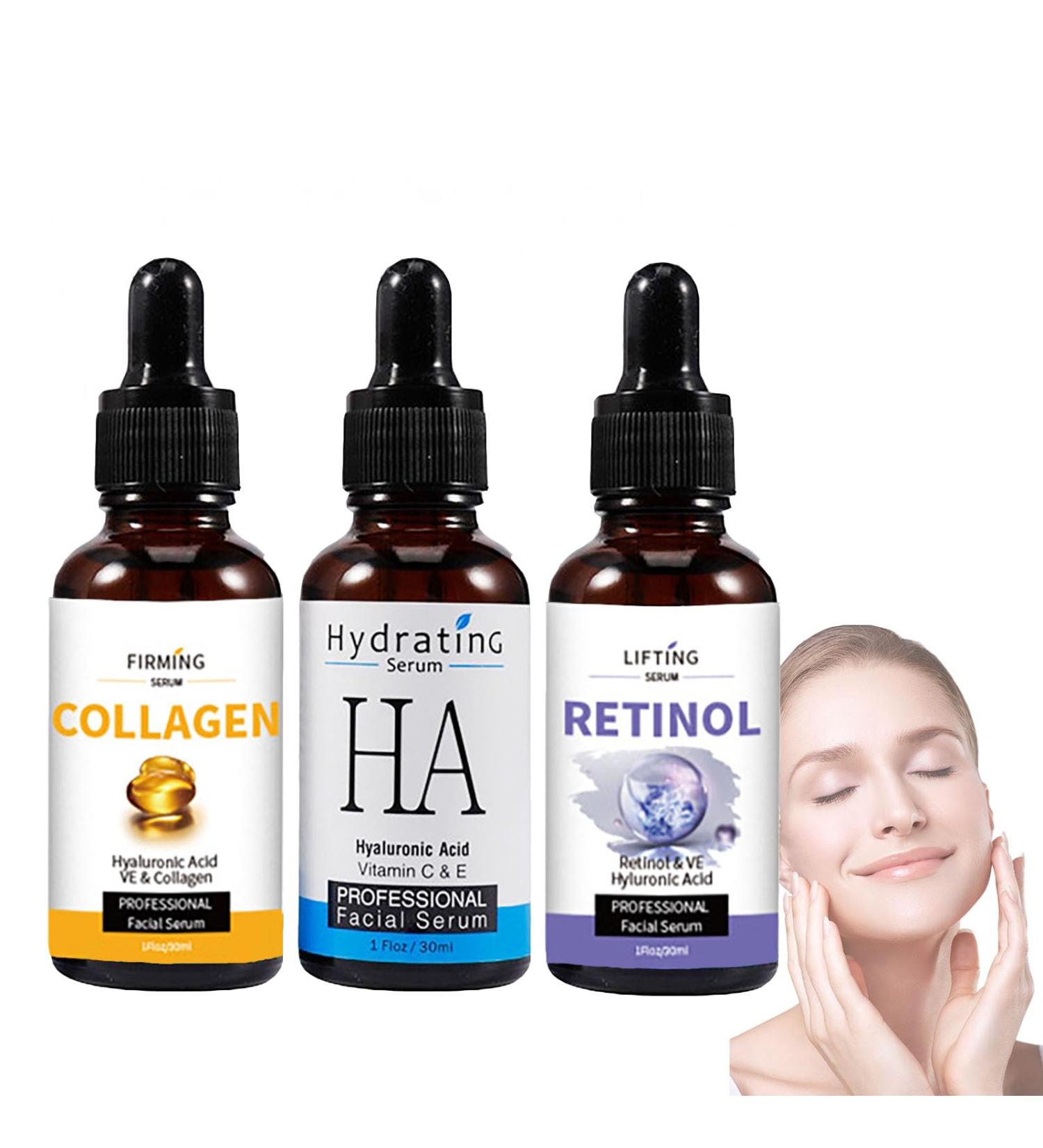 Face Serum Set 3x30ml - Retinol Serum for Face - Hyaluronic Acid Serum - Collagen Serum for Face - Brightening Serum - Hydrating Serum - Dark Spot Remover for Face - Anti-Aging and Wrinkle - Buy Online on GoSupps.com