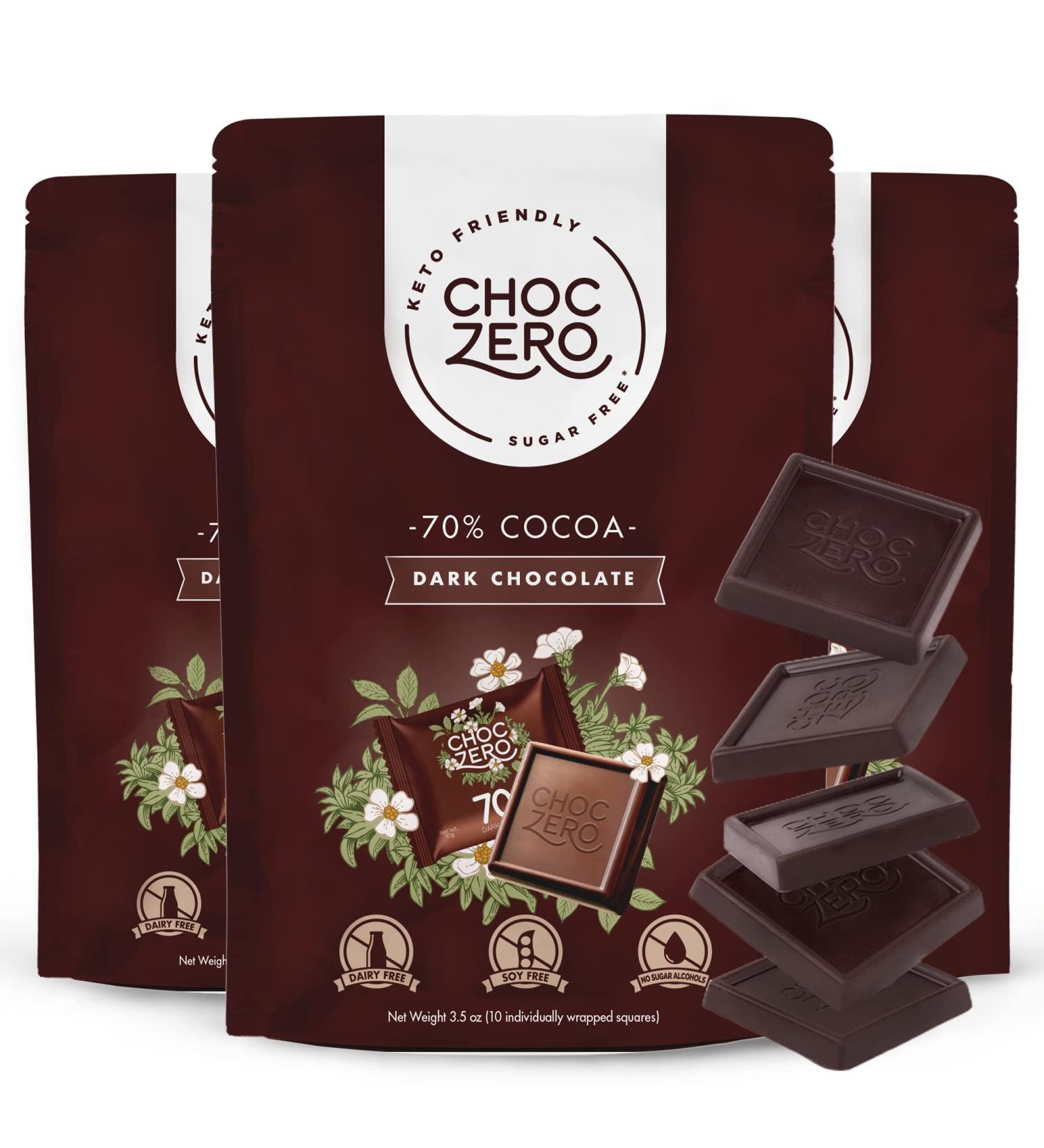 ChocZero Squares 70% Cocoa Special Vegan Dark Chocolate - Keto Friendly, Sugar-Free (3 bags, 30 snack pieces) - Buy Online on GoSupps.com