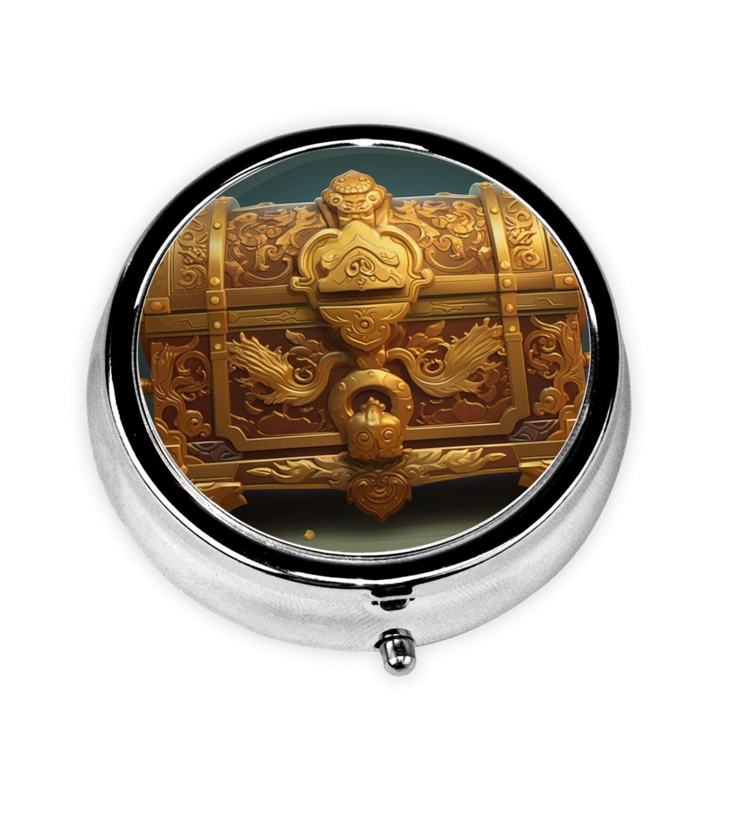 Buy Golden Treasure Chest Portable Metal Pill Box - 3-Compartment Mini Pill Organizer for Travel - Durable & Stylish Hinged Design - Buy Online on GoSupps.com