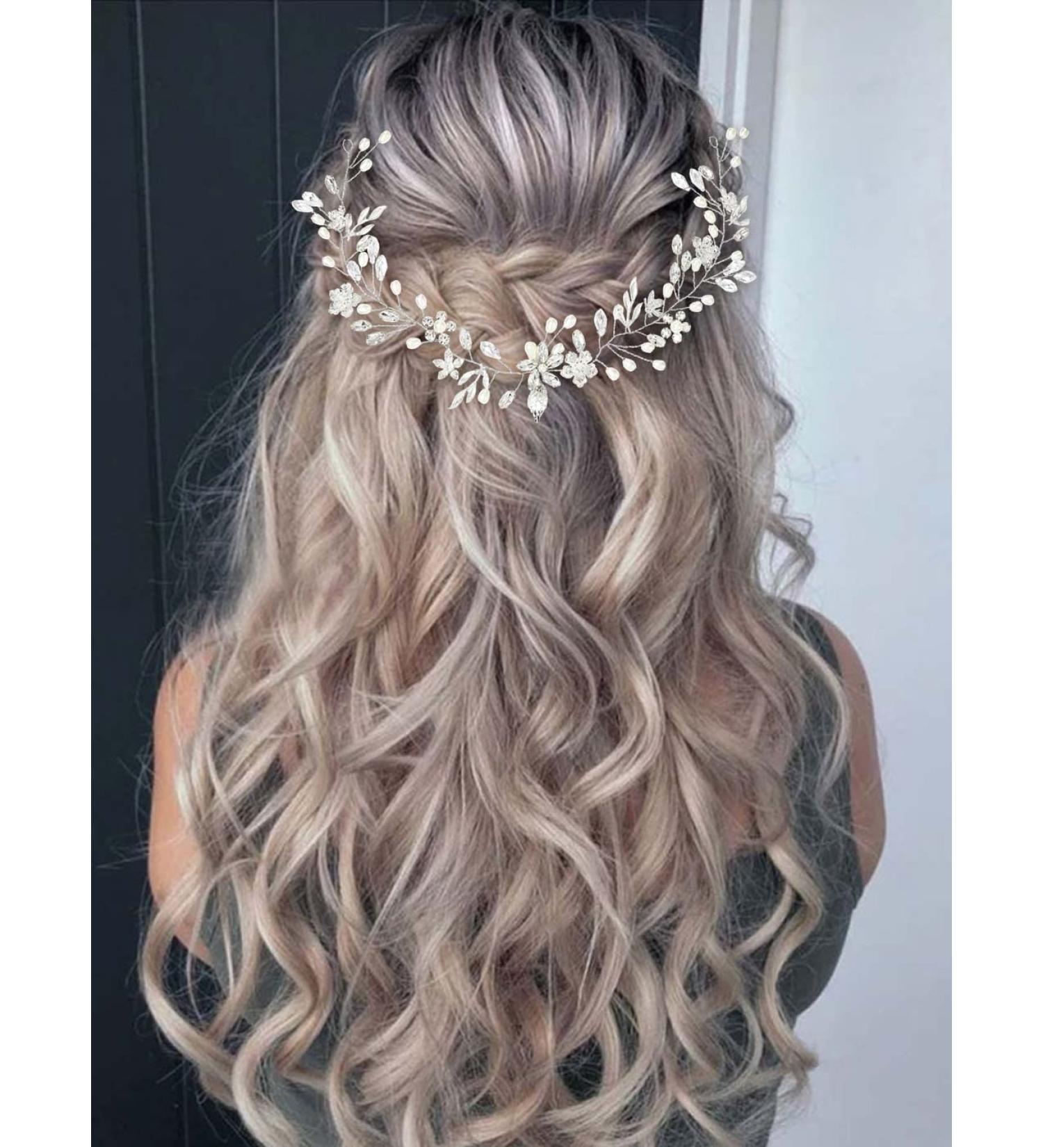 GORAIS Silver Crystal Bride Wedding Hair Vine Headband with Pearls - Bridal Flower Headpiece for Women and Girls - Buy Online on GoSupps.com