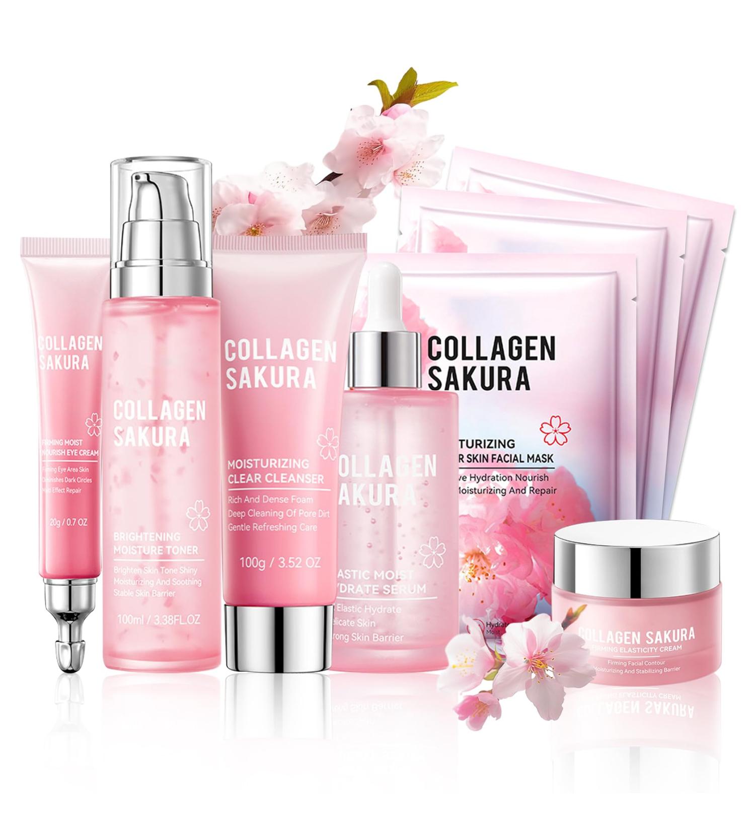8PCS Sakura Skin Care Set Moisturizing Skincare Kit with Face Cleanser Facial Cream Toner Facial Serum Face Masks and Eye Cream Refreshing Hydrating Skin Care Gift Set for Women - Buy Online on GoSupps.com
