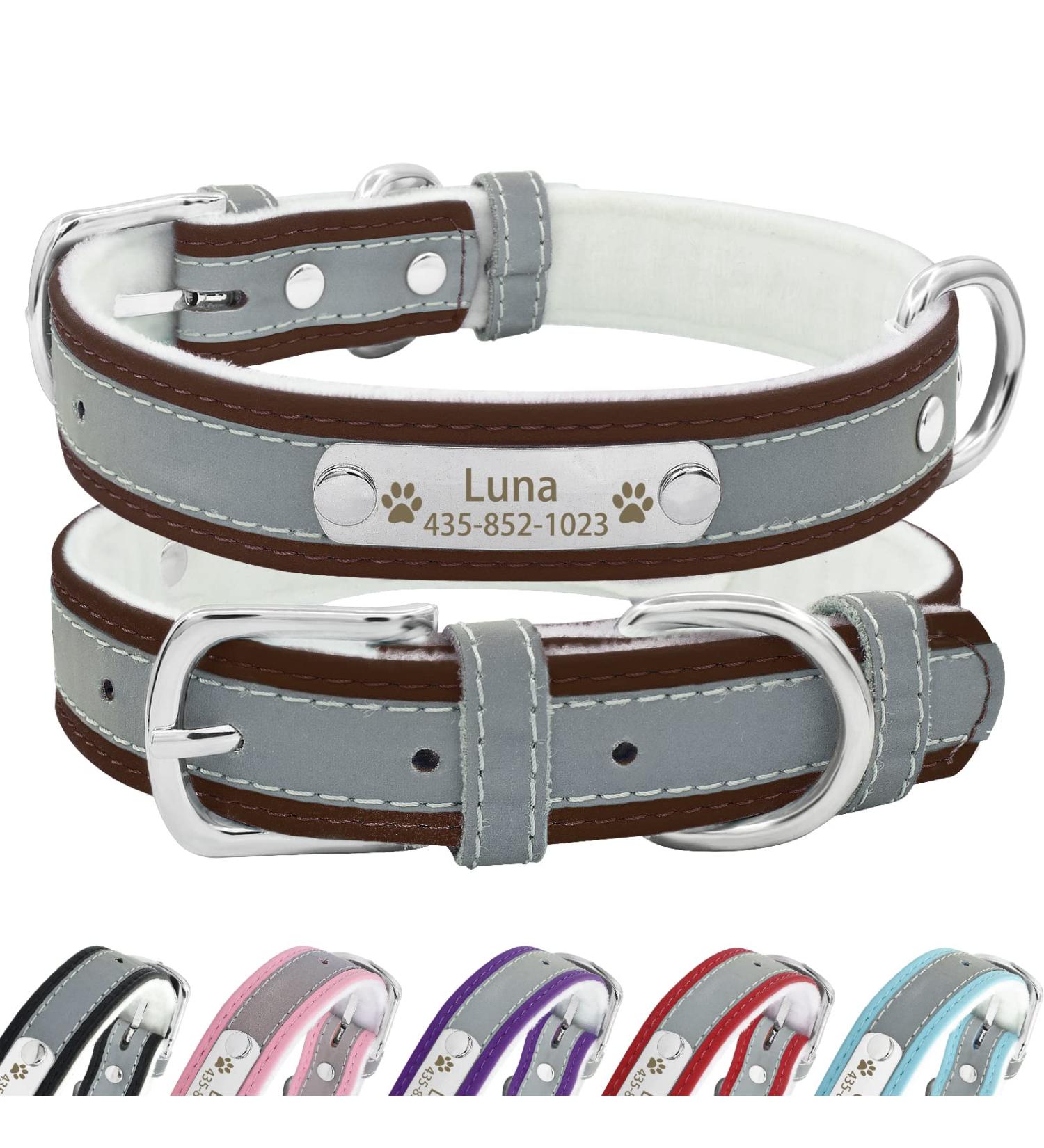 Senristar Personalized Reflective Leather Dog Collar with Engraved Name Tape - Sizes for Small Medium & Large Dogs & Cats - Brown 2.0 cm Width Neck 28-36 cm - Buy Online on GoSupps.com