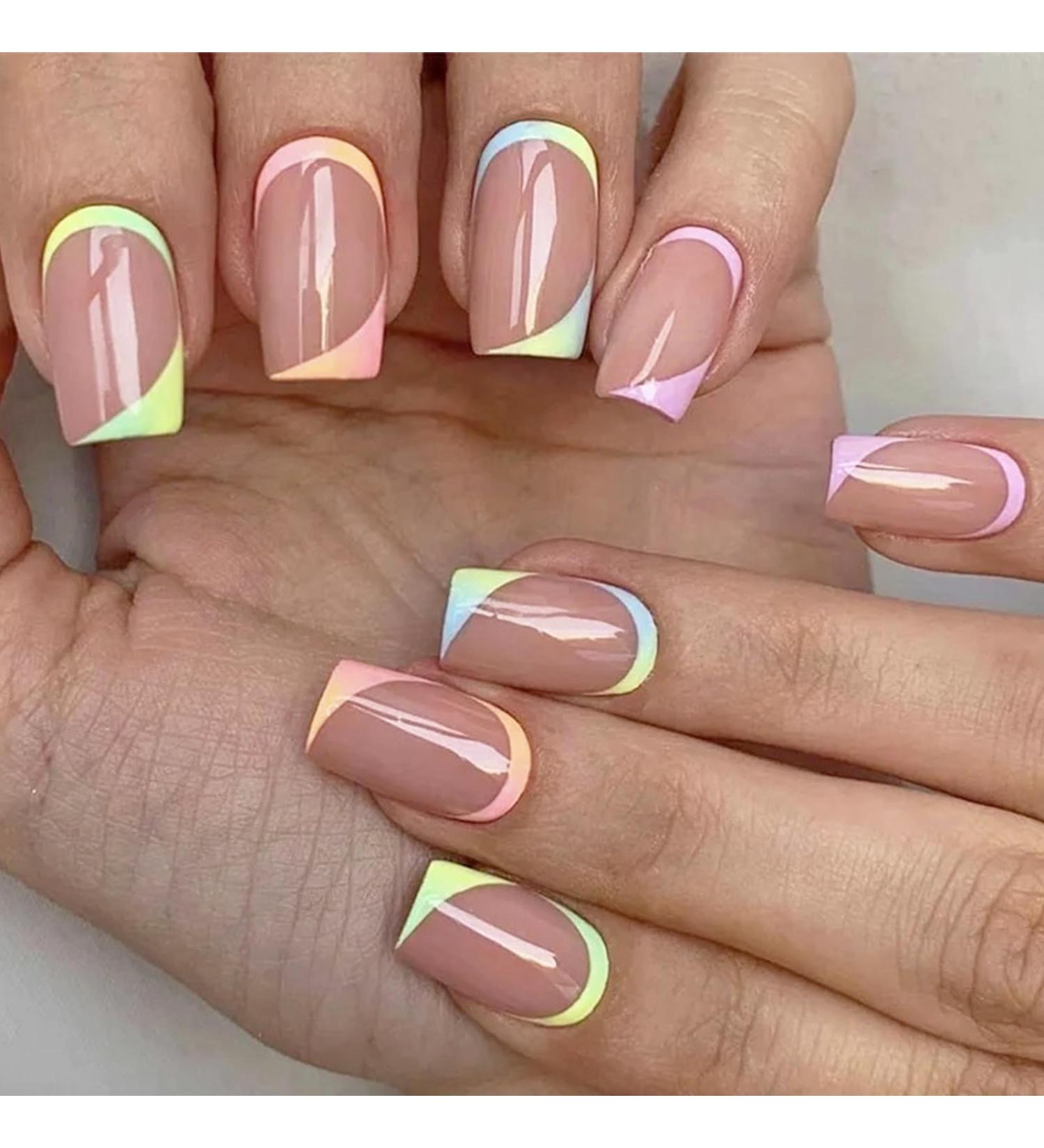 Square False Nails Short 24Pcs Wavy Fake Nails Short Nude Fake Nails Nails Fake Nail for Nails Art Acrylic Full Cover Nails Tips with Glue for Women Girls (French Multicolor Gradient) - Buy Online on GoSupps.com