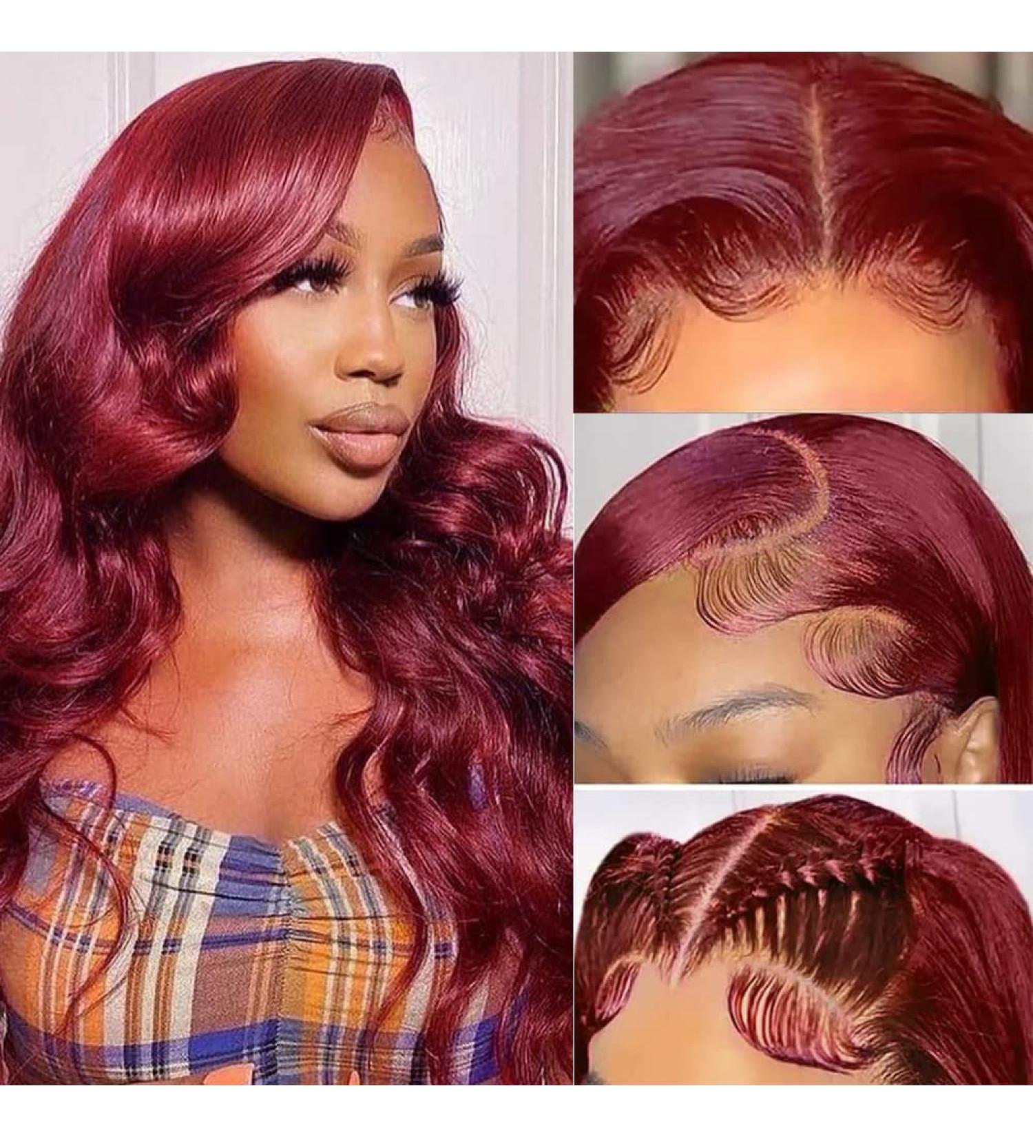 Sdamey 99j Burgundy Lace Front Human Hair Wig 26 Inch Body Wave HD Transparent Pre Plucked 180% Density Brazilian Virgin Red Wig for Black Women - Buy Online on GoSupps.com