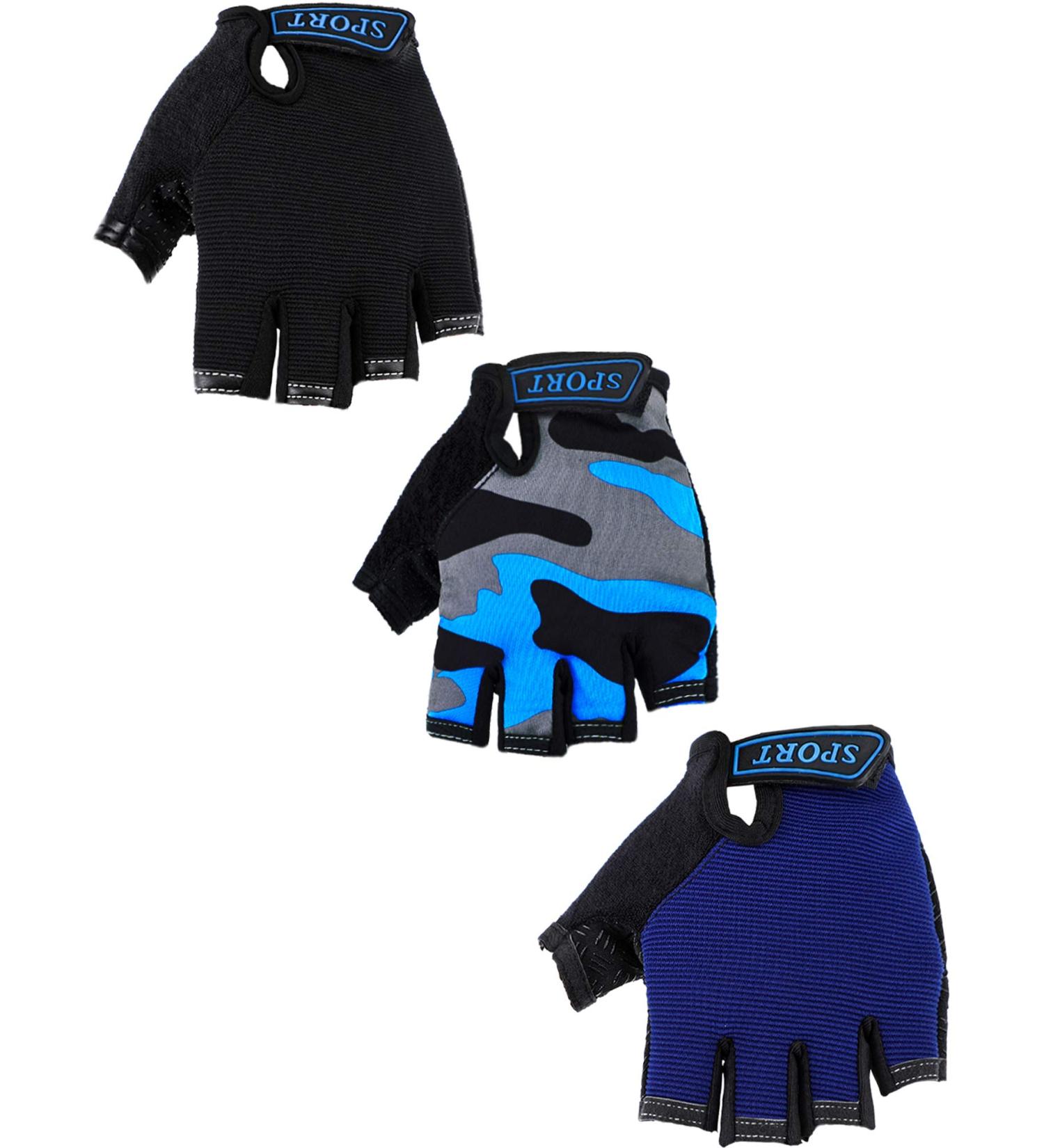 Buy 3 Pairs Children's Half-Finger Sport Gloves - Slipproof Gel Cycling Gloves (Ages 6-10) - Blue Gray Camouflage Black - Buy Online on GoSupps.com