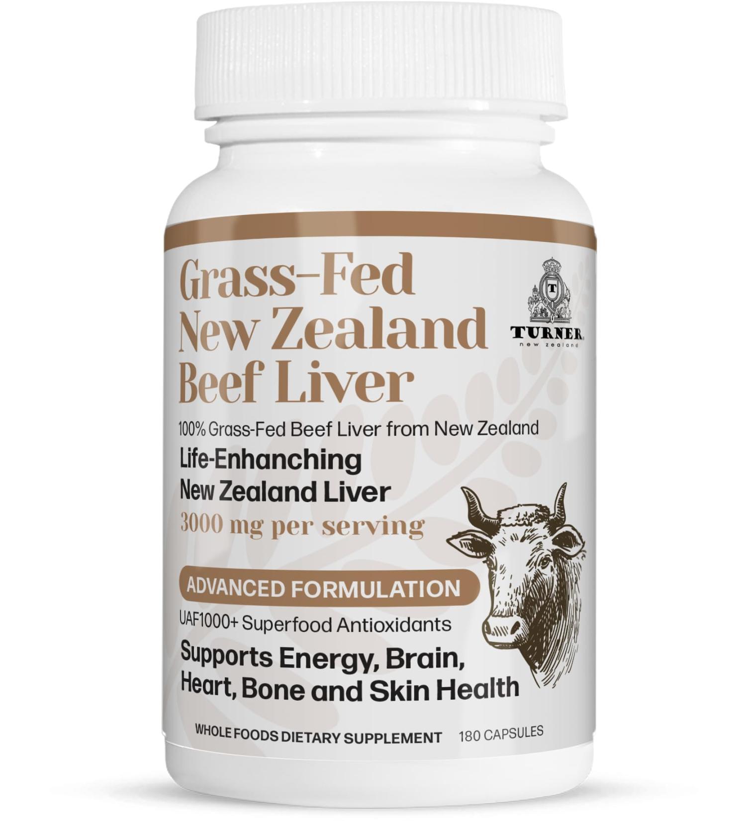 TURNER New Zealand 100% Live-Grass-Fed Beef Liver 180 Capsules Supports Energy Production Detoxification Digestion Immunity and Full Body Wellness Non-GMO 3000mg