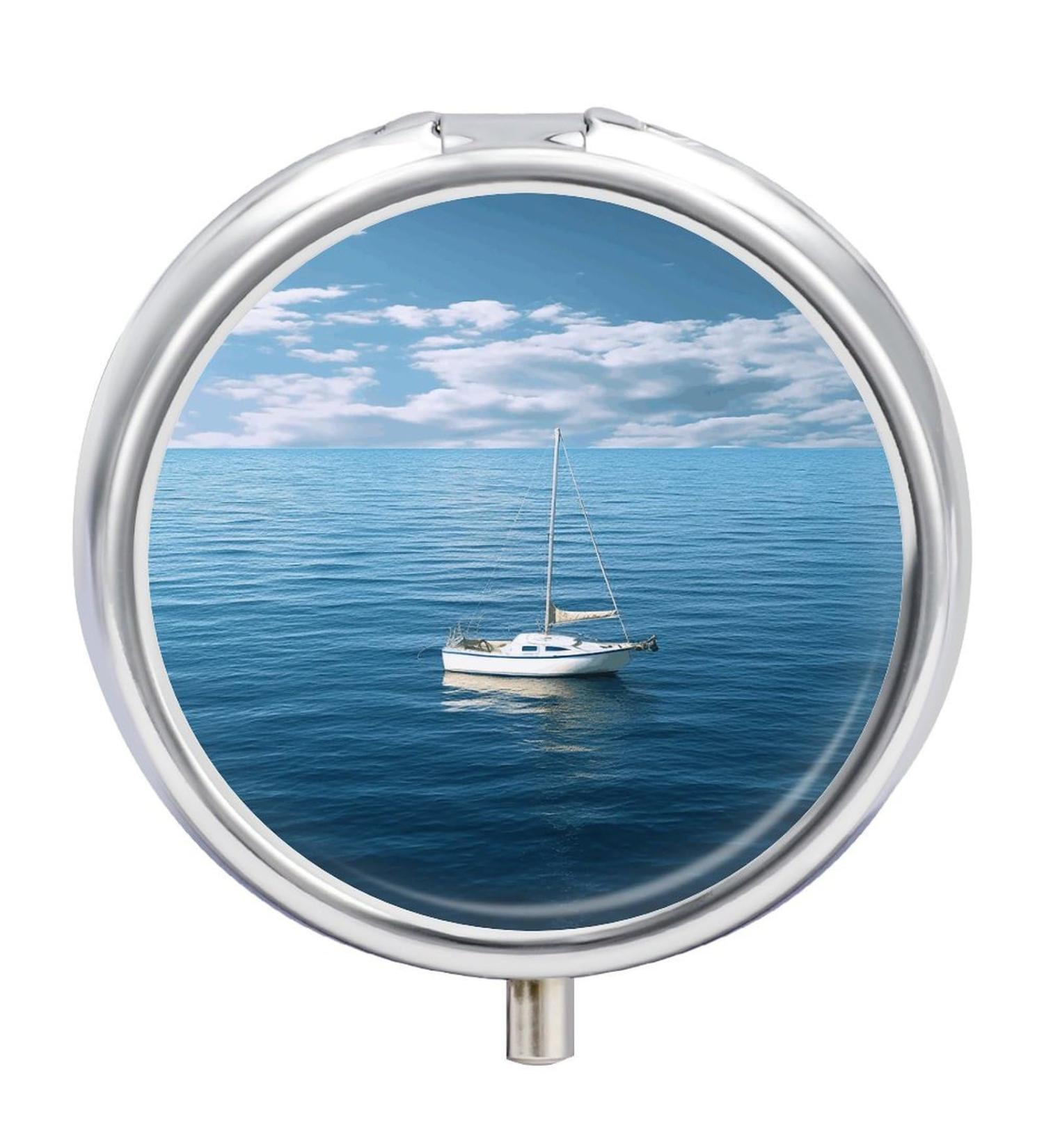 Round Pill Box - White Boat on Blue Sea Print | 3 Compartment Portable Pill Organizer | Decorative Metal Pocket Medicine Case - Style 33 - Buy Online on GoSupps.com