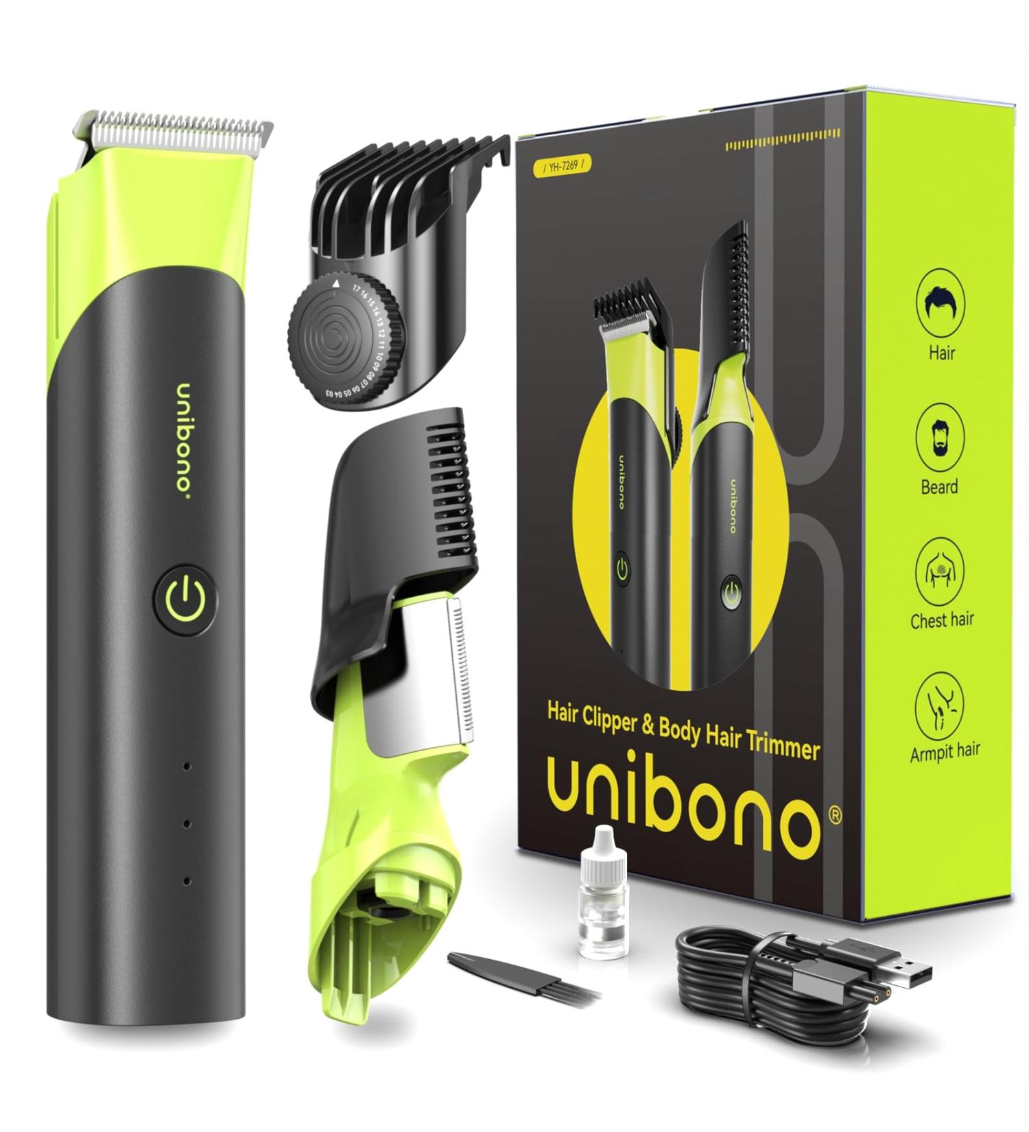 Unibono Men's Body Hair Trimmer Kit - Electric Shaver for Beard, Chest, Armpits, Groin - Grooming Kit for Men - USB Charge, IPX7 Waterproof - Black - Buy Online on GoSupps.com