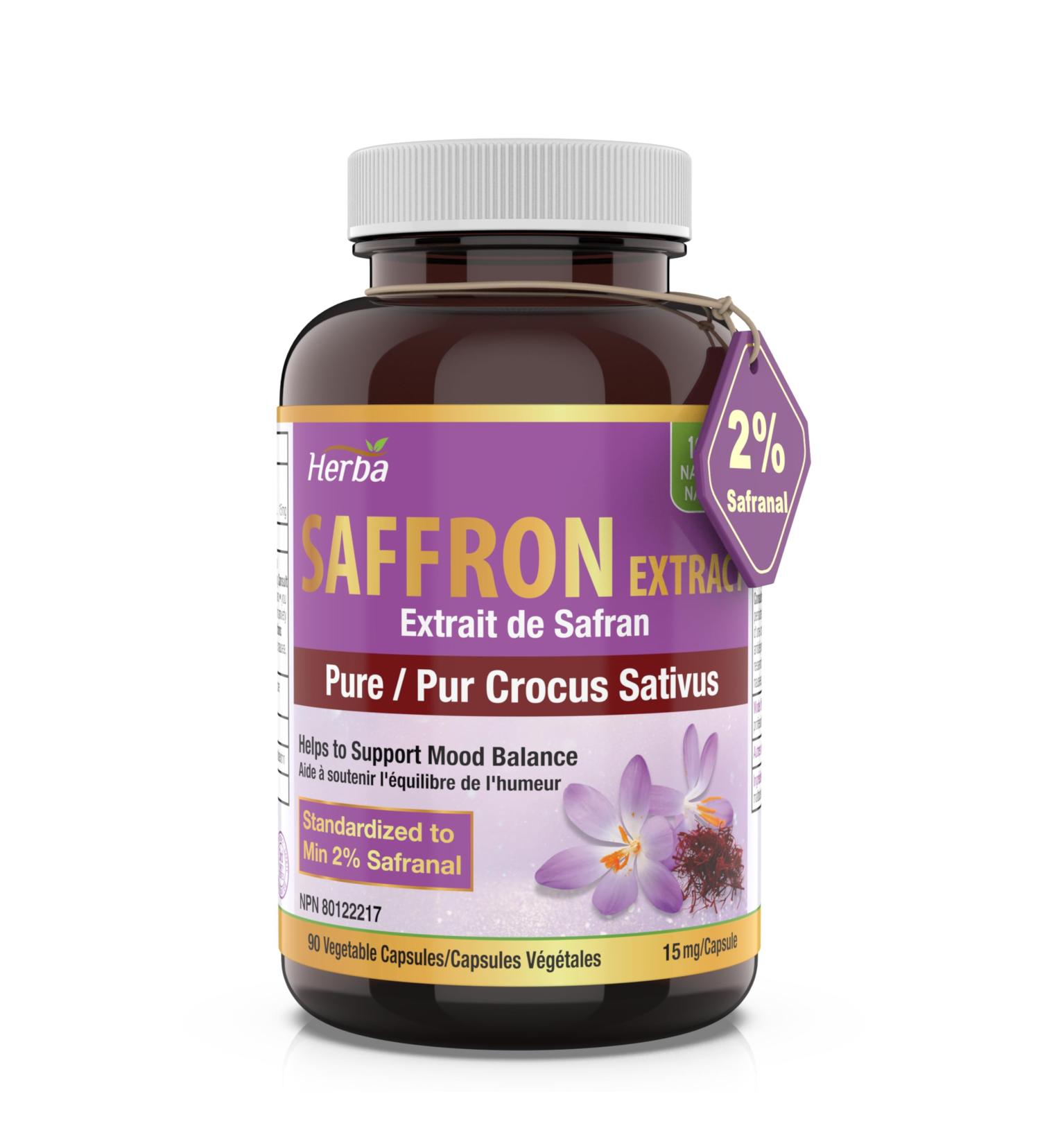 Herba Saffron Supplement 90 Capsules | Saffron Extract Standardized to 2% Safranal and 3% Crocin | 15mg Saffron from Pure Crocus Sativus | Helps to Support Mood Balance | NPN from Health Canada - Buy Online on GoSupps.com