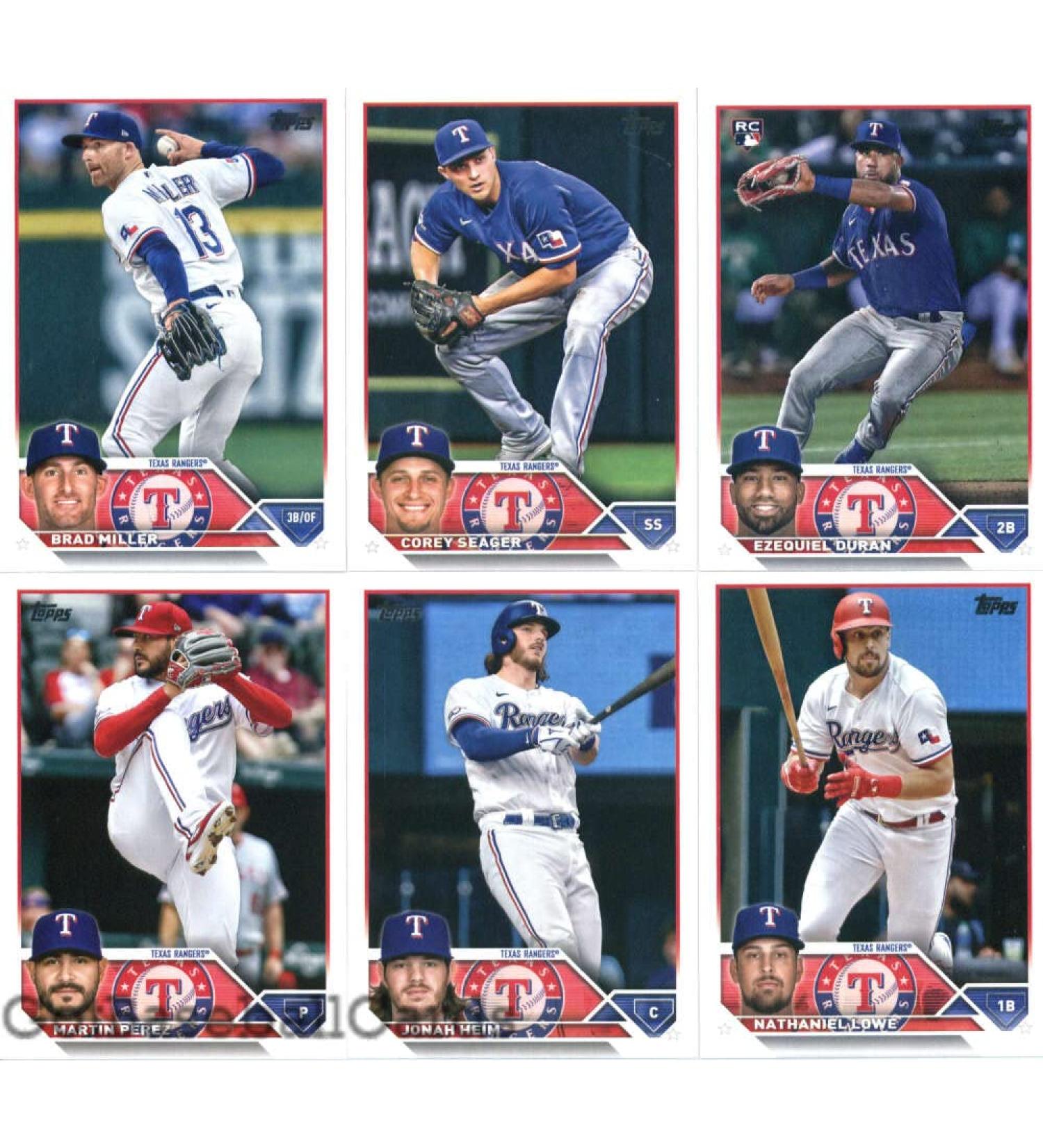 2023 Topps Series 1 Texas Rangers Team Set of 10 Cards: Josh Smith(#37), Jon Gray(#73), Nathaniel Lowe(#124), Joe Barlow(#139), Jonah Heim(#141), Martin Perez(#261), Ezequiel Duran(#286), Texas Rangers(#292), Corey Seager(#315), Brad Miller(#319) - GotBas