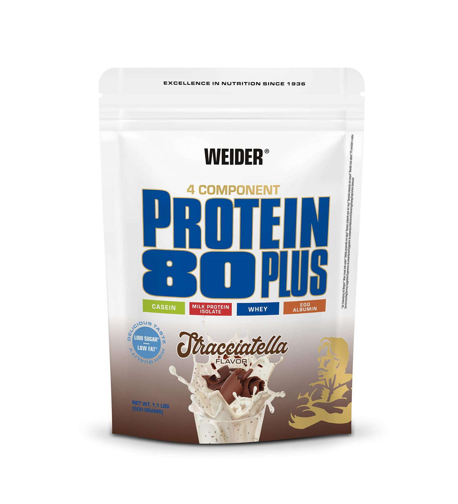 WEIDER Protein 80 Plus Protein Powder Stracciatella Low Carb Multi-Component Casein Whey Blend for Protein Shakes 500g - Buy Online on GoSupps.com