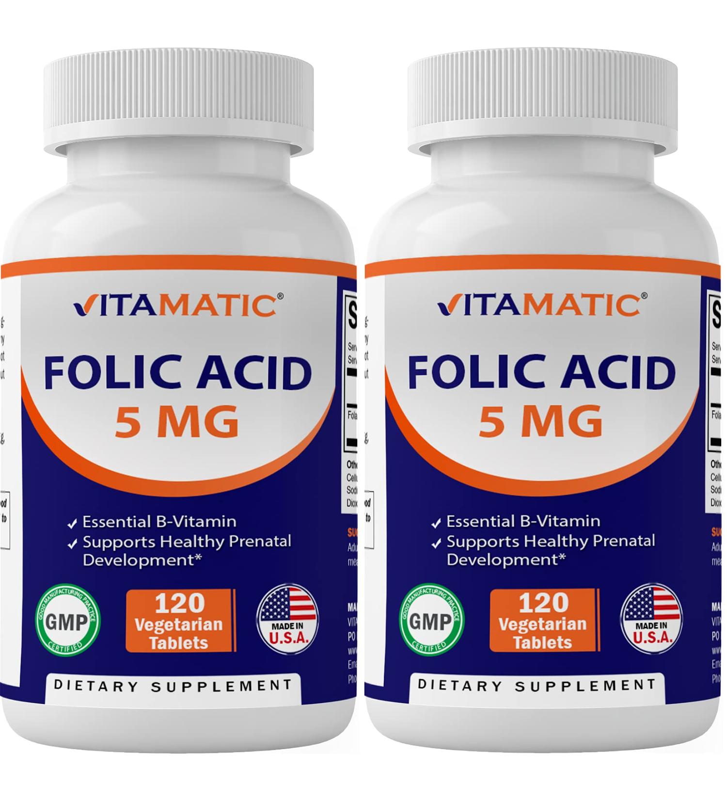 2 Pack Vitamatic Folic Acid 5mg (5000 mcg) - 240 Vegetarian Tablets - Buy Online on GoSupps.com