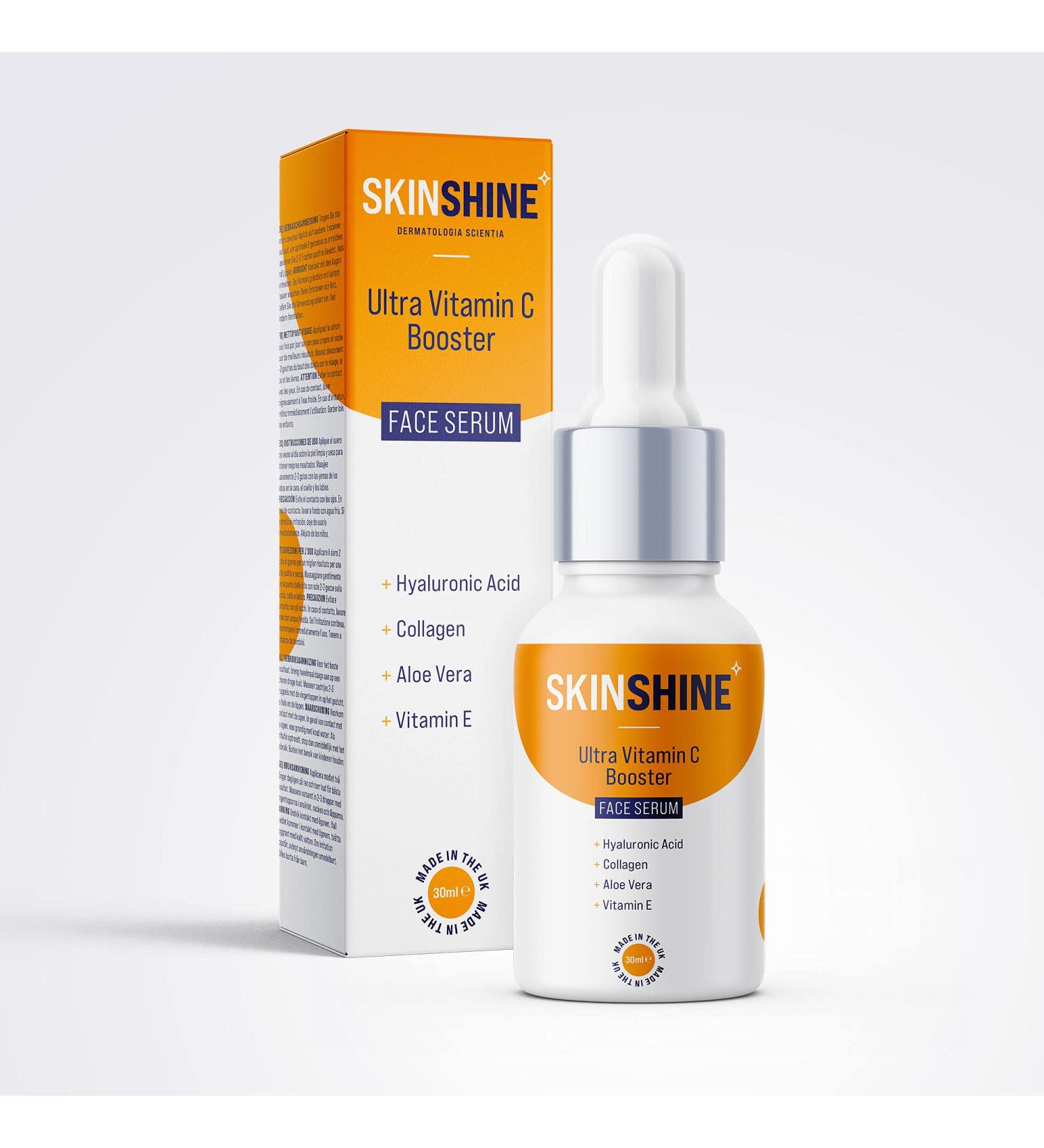 SKINSHINE ??????1* - NEW Ultra Vitamin C Booster Face Serum with Hyaluronic Acid & Collagen - UK Made - Remove Acne Scars Wrinkles Blemishes & Signs of Ageing - For Women & Men - Buy Online on GoSupps.com