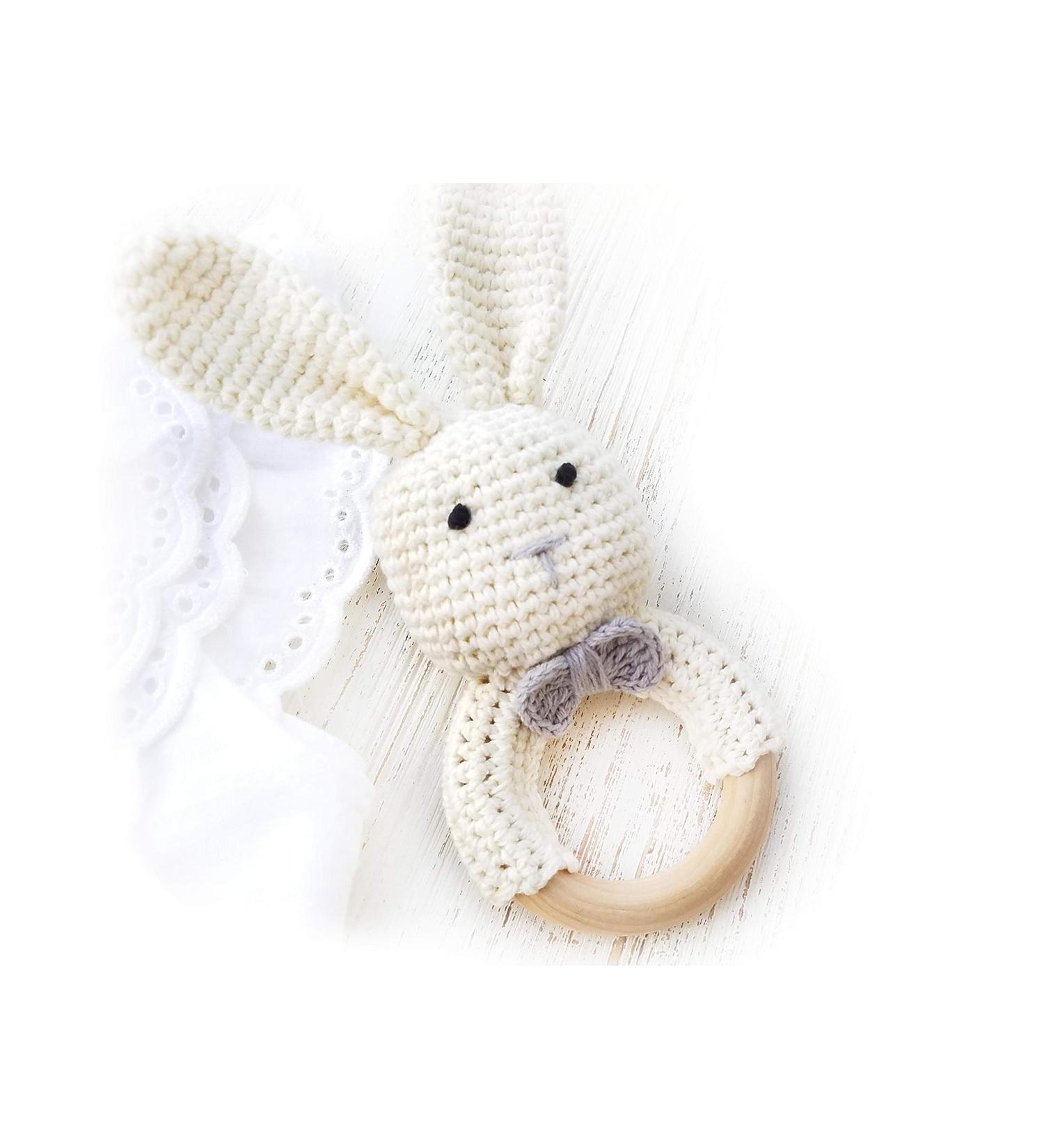 Natural Crochet Teether Toy Rattle with Forest Friends on Wooden Teething Ring - Mama Bunny Design - Buy Online on GoSupps.com