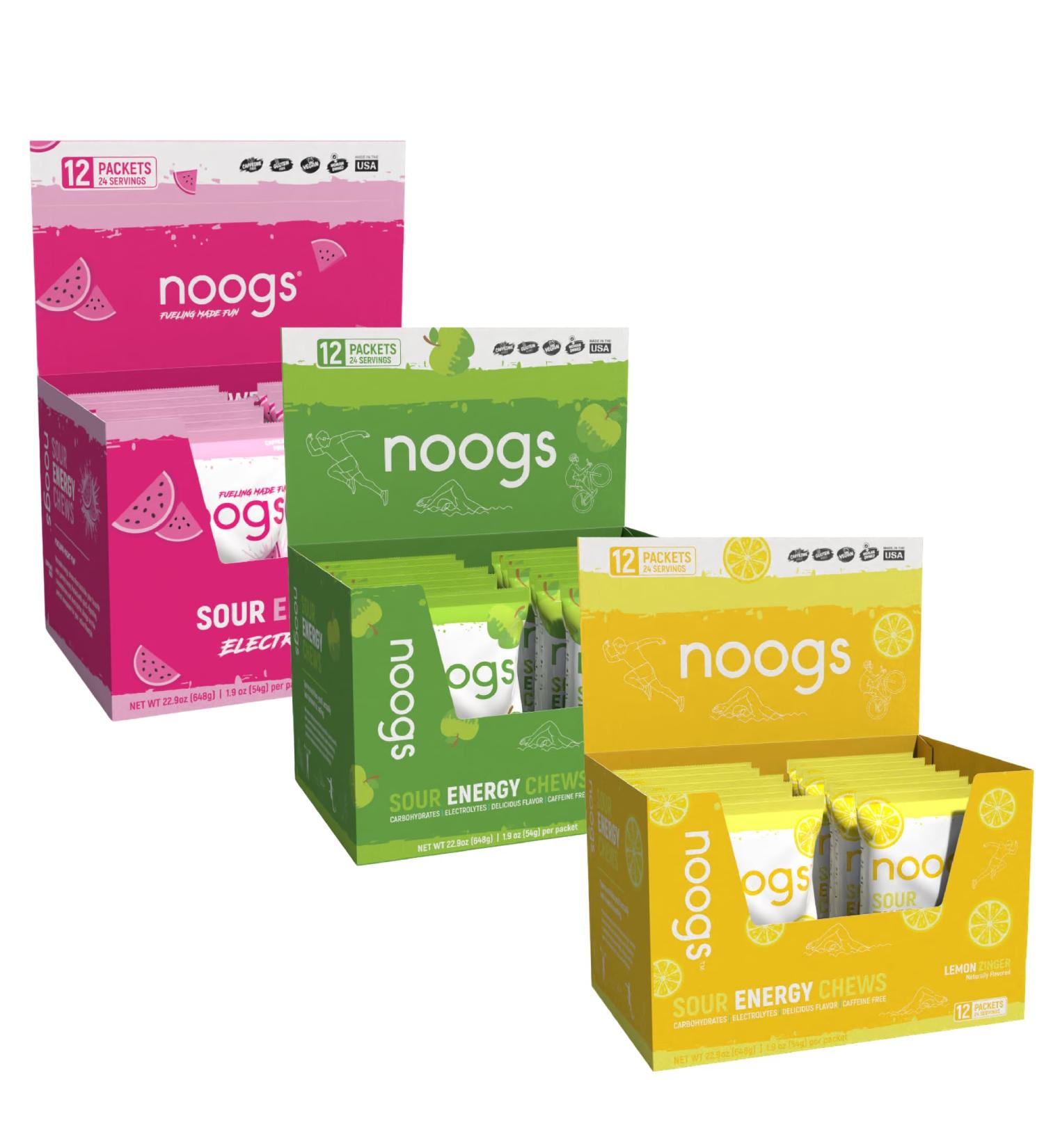 Noogs All 3 Flavors Sour Energy Chews Bundle, Electrolyte Energy Gummies, Sour Candy Flavored Alternative to Running Gels, 36 Total Packs - Buy Online on GoSupps.com