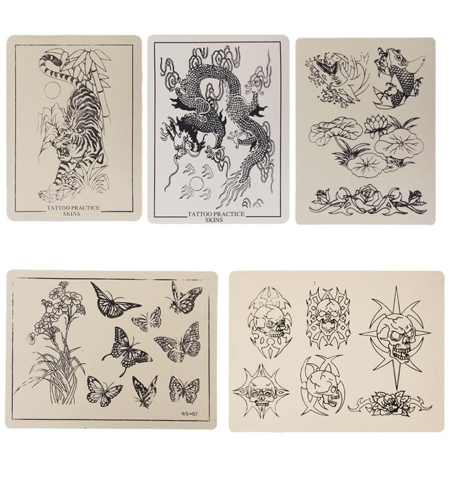 5pcs Tattoo Practice Skin for Learning and Training with Tiger, Skull, Flower, Lotus, Dragon Tattoos - Buy Online on GoSupps.com