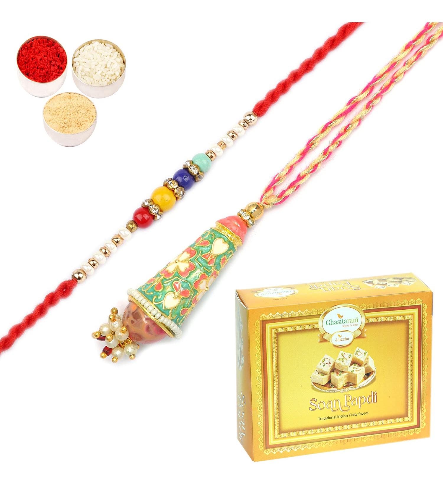 Ghasitaram Gifts Rakhi for Brother Rakhis Online - RM-213 Bhaiya Bhabhi Rakhi with 200 GMS of Soan Papdi - Buy Online on GoSupps.com