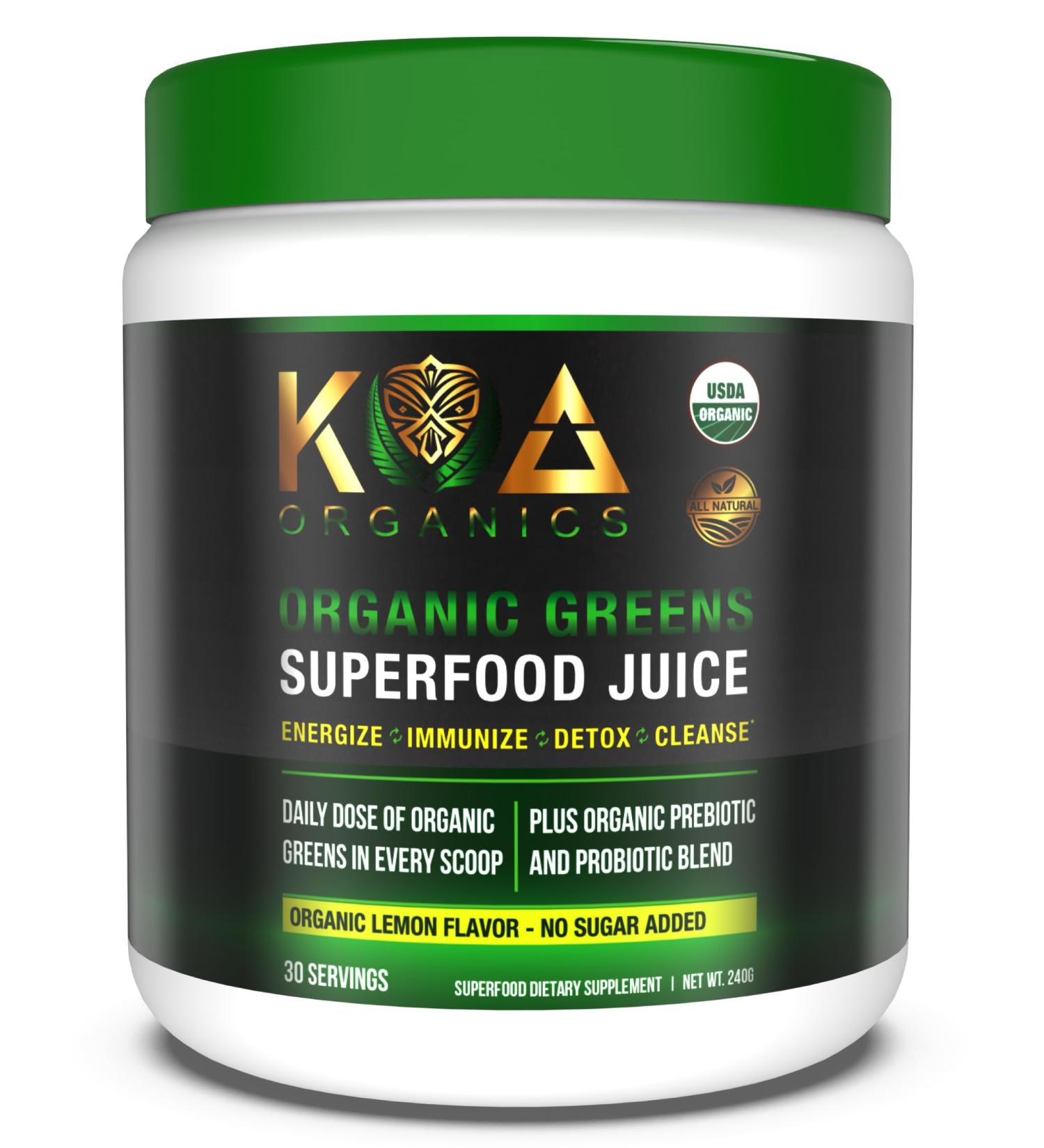 KOA Organics Greens Superfood Juice Powder - USDA Organic Super Greens Powder with with Spirulina Chlorella Matcha Wheat Grass Digestive Enzymes & Probiotics - Lemon Flavor -30 ServQ - Buy Online on GoSupps.com