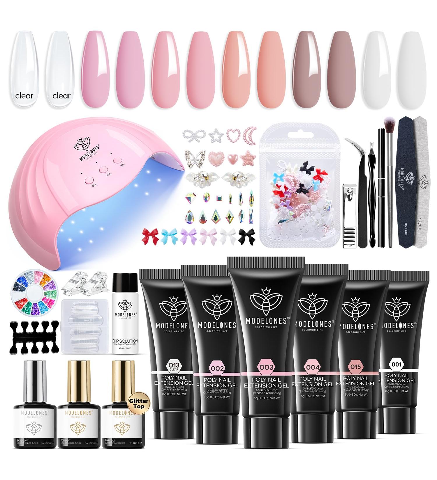 Modelones Poly Nail Gel Kit - 6 Colors with 48W Nail Lamp and Slip Solution - Rhinestone Glitter All In One DIY Manicure Starter Kit for Beginners - Buy Online on GoSupps.com