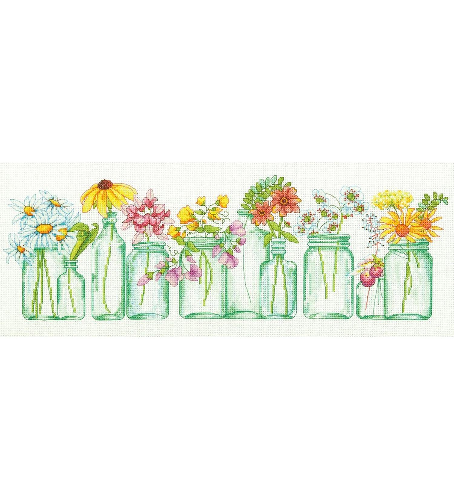 Dimensions Mason Jar Counted Cross Stitch Kit - 14 Count White Aida - 18 x 7 - Buy Online on GoSupps.com