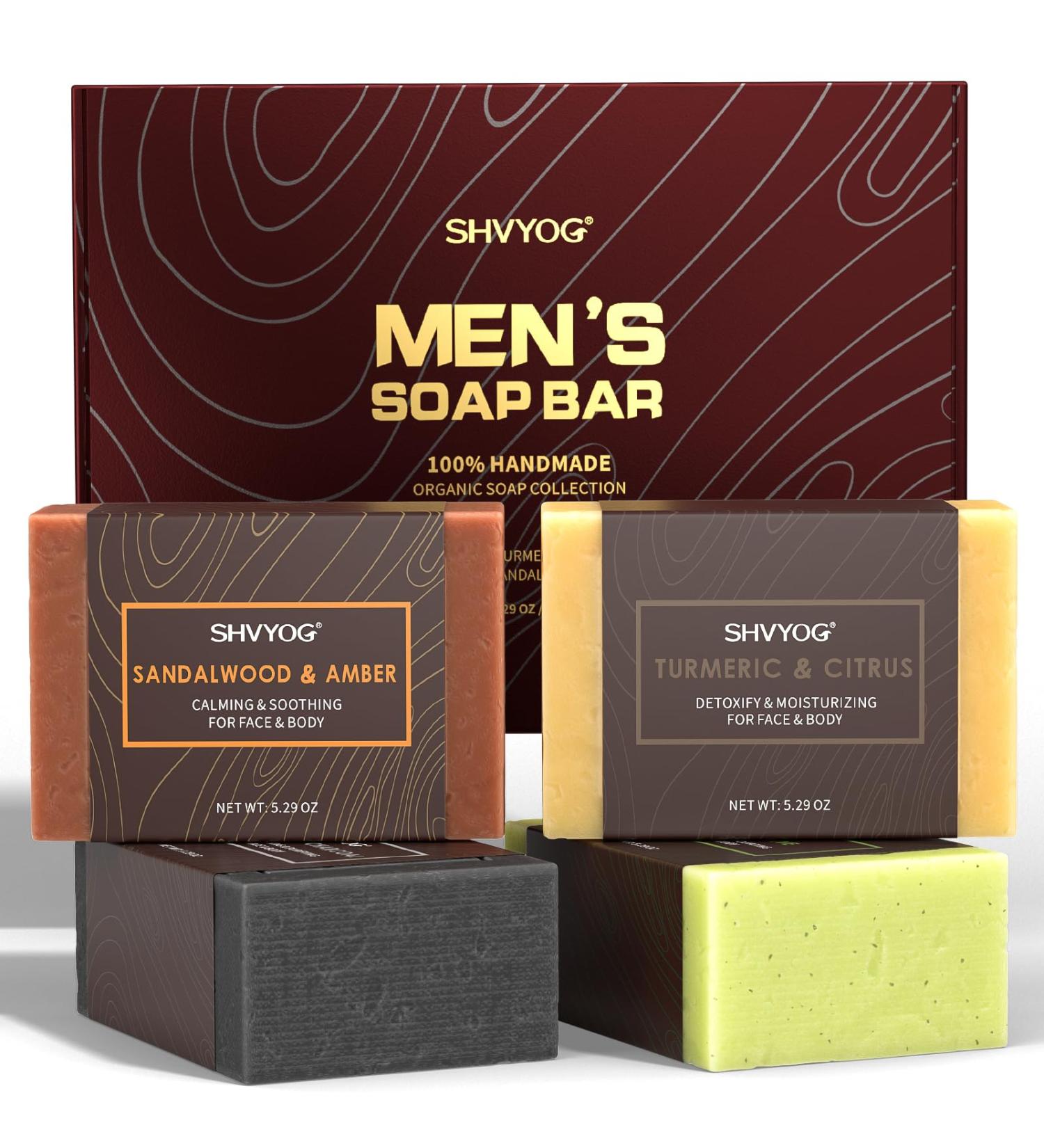 4-Piece Natural Men's Soap Set | Handmade Deep Cleaning & Moisturizing - Sandalwood Amber Mint Charcoal Turmeric - Buy Online on GoSupps.com