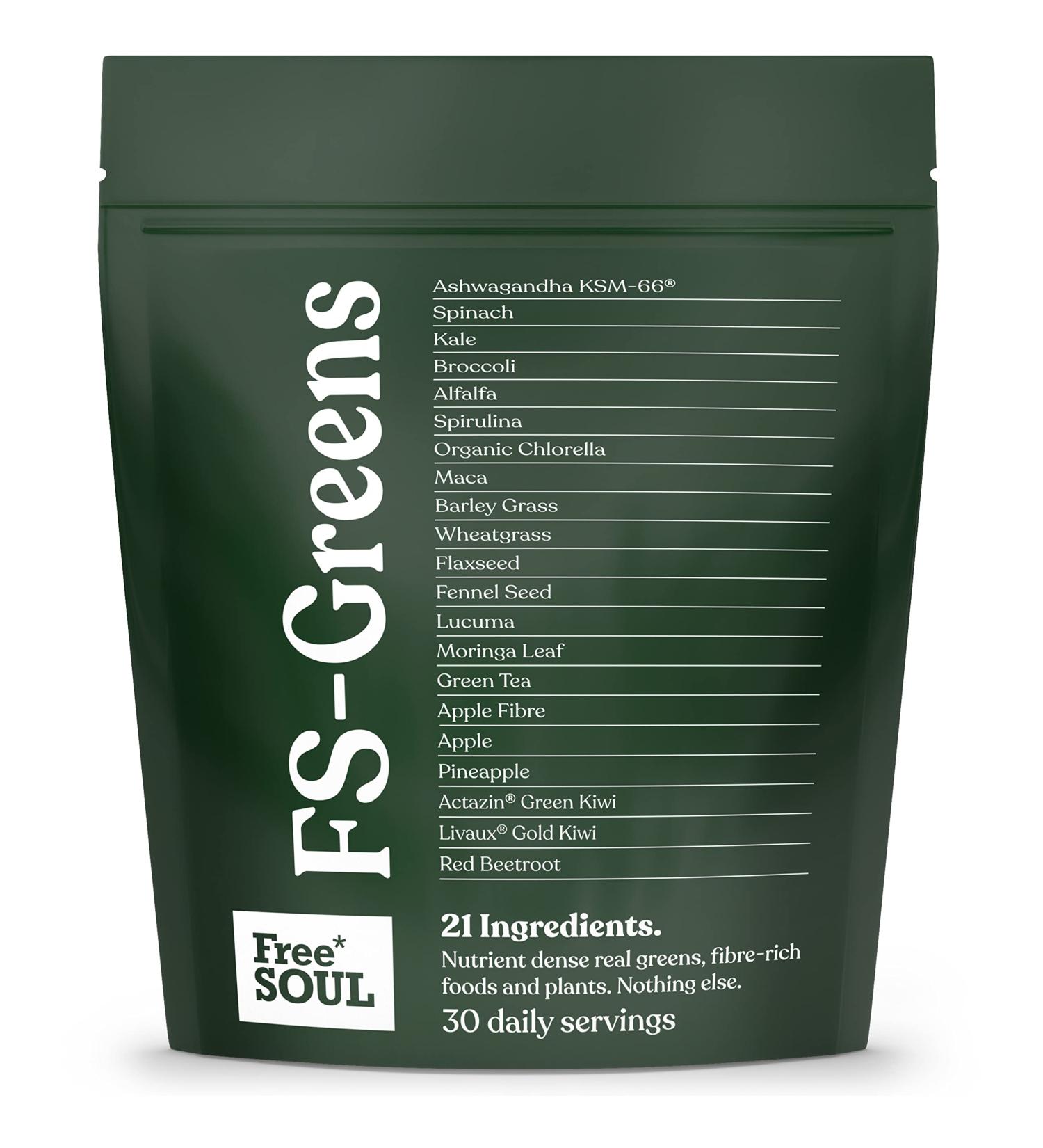 Free Soul FS-Greens Superfoods with KSM-66 Ashwagandha | Advanced Formula | Vegan & Gluten-Free | UK Made | 30 Servings - Buy Online on GoSupps.com