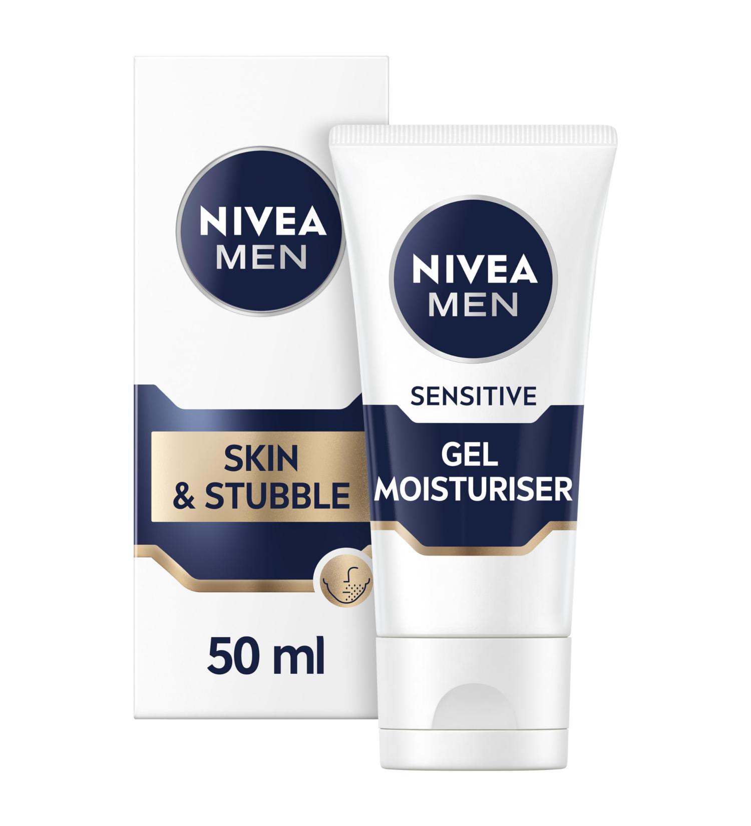 NIVEA MEN Sensitive Skin & Stubble Gel Moisturiser (50ml) Men's Face Cream for Daily Use Gel Moisturiser with Vitamin E Provitamin B5 and Chamomile Extract - Buy Online on GoSupps.com