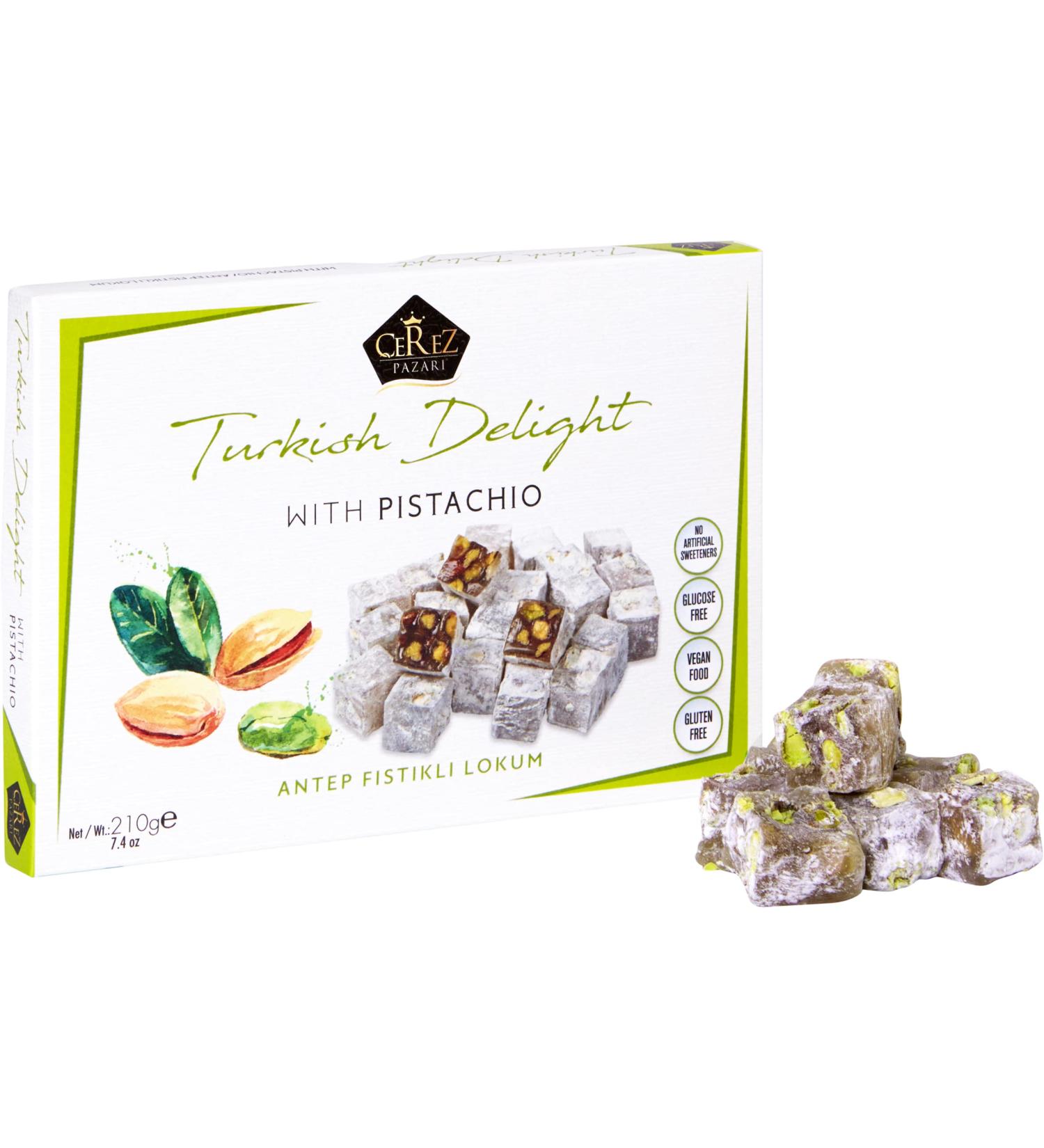Cerez Pazari Turkish Delight Pistachio Candy Gift Box 7.4oz | Gourmet Vegan Sweets | Glucose Free Lokum (Loukoumi) | Traditional Confectionery - Buy Online on GoSupps.com