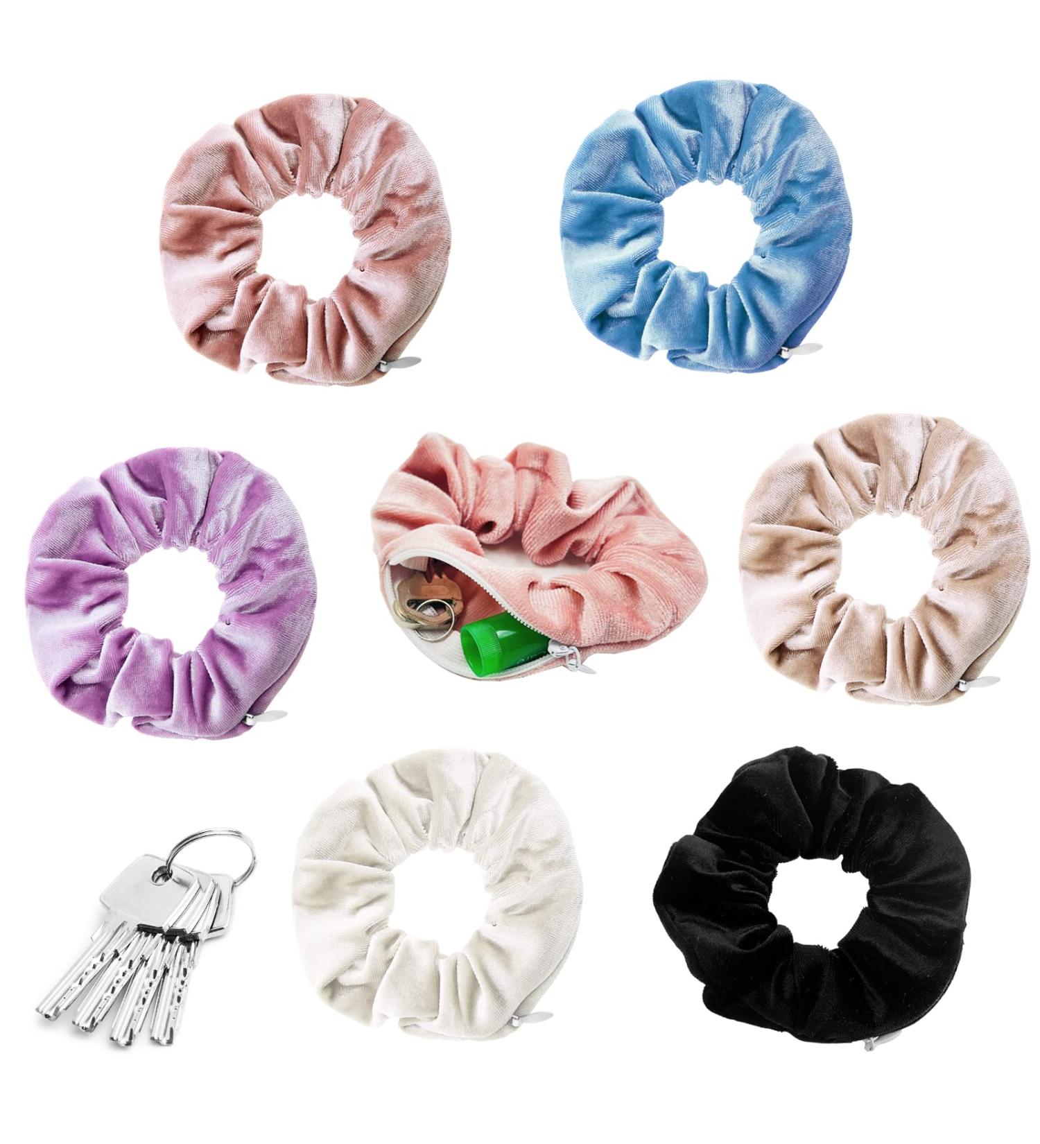 Dakuan Velvet Scrunchies 6-Pack with Hidden Zipper Pocket - Hair Ties for Women & Girls - Navy Tan Black Pink Purple Beige - Buy Online on GoSupps.com