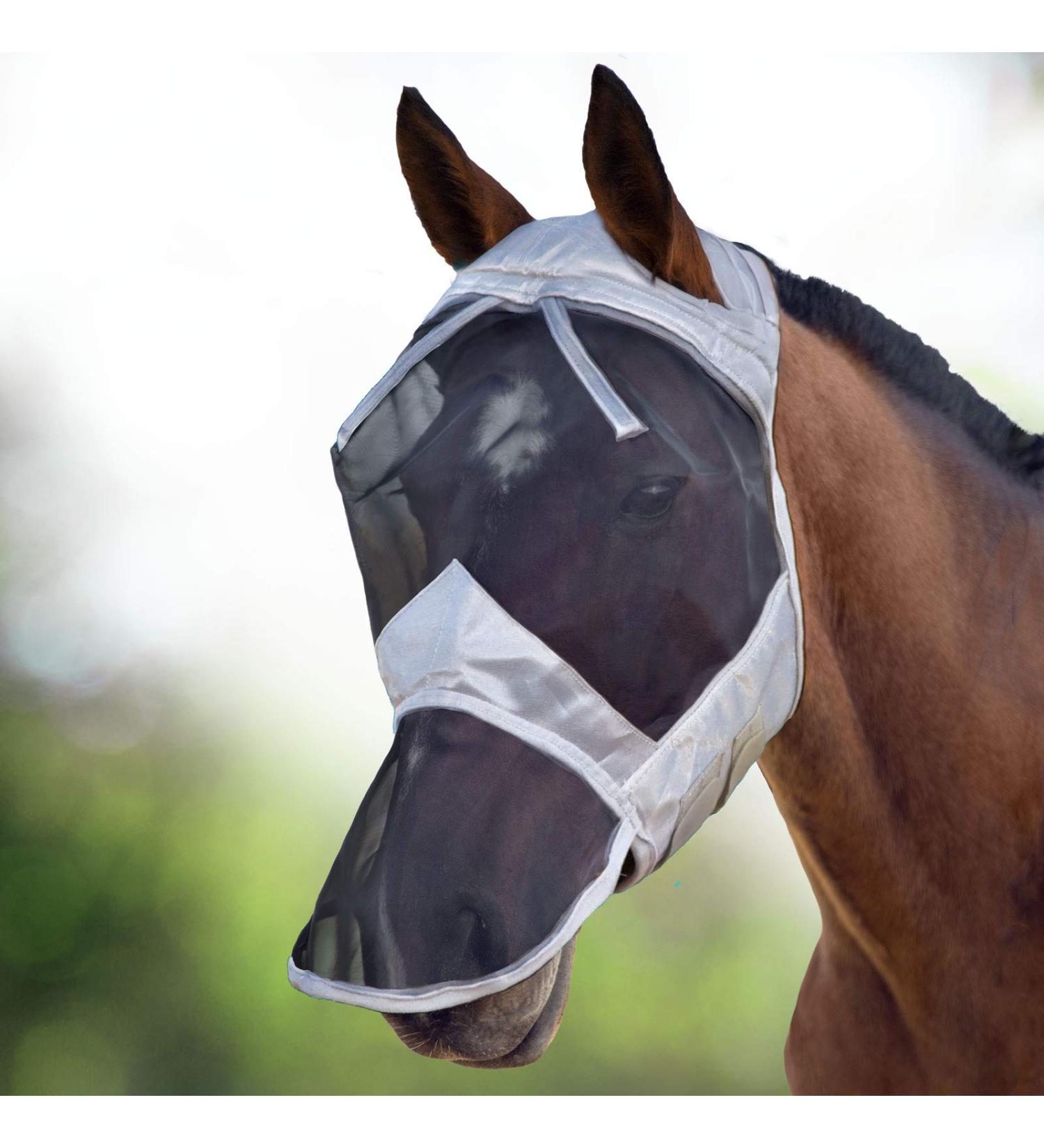 Harrison Howard CareMaster Fly Mask - UV Protection Nose & Ear Cover for Thoroughbred & Cob (M) - Silver/Black - Buy Online on GoSupps.com