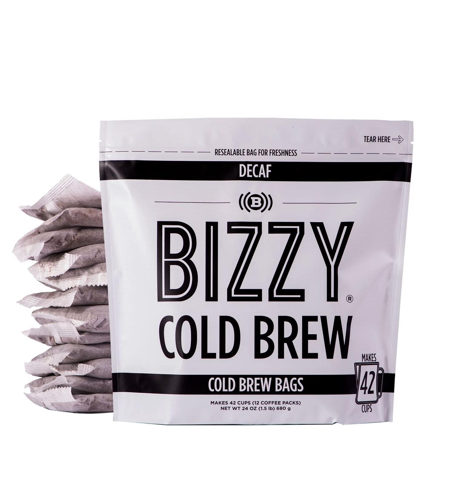 Bizzy Decaf Blend Cold Brew Coffee Brew Bags - 12 Count | Water Processed Coarse Ground Specialty Grade 100% Arabica | Makes 42 Cups - Buy Online on GoSupps.com