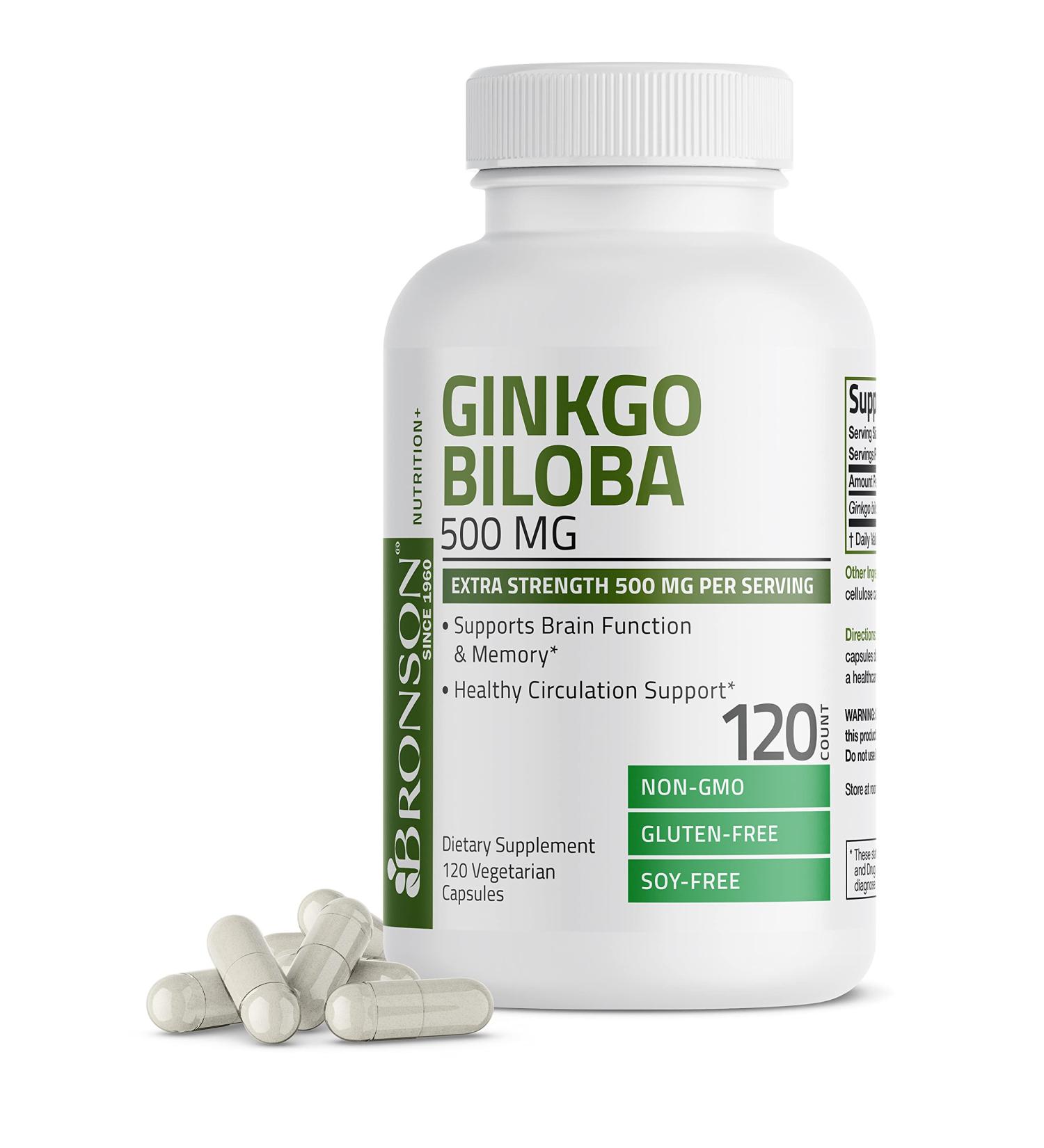 Bronson Ginkgo Biloba 500mg Extra Strength - 120 Vegetarian Capsules for Brain Function & Memory Support - Buy Online on GoSupps.com