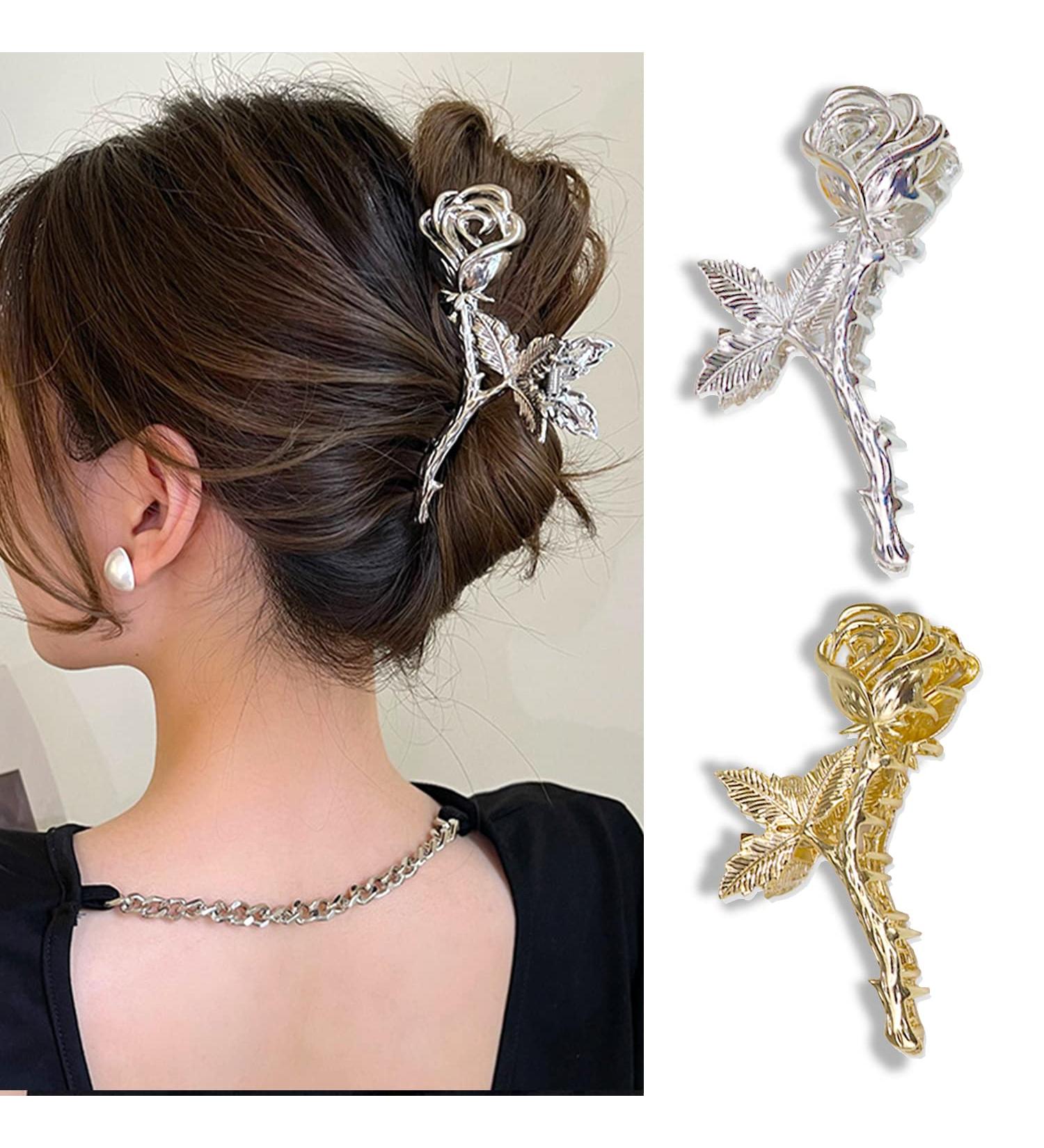2Pcs Metallic Rose Hair Claw Clips - Medium Size Elegant Floral Barrettes for Women with Thick or Thin Hair - Strong Hold and Stylish Hair Accessory - Buy Online on GoSupps.com