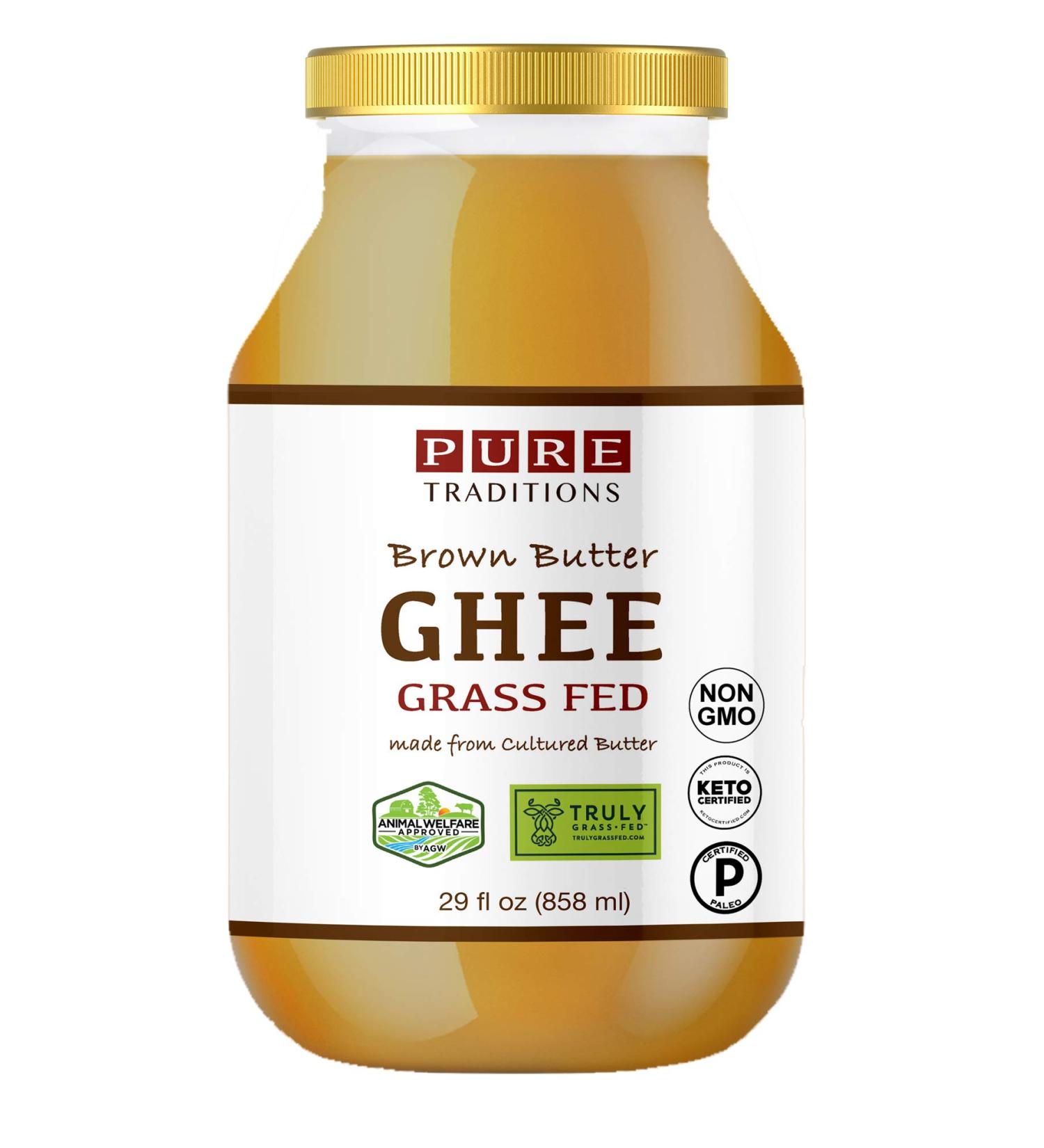 Grass-Fed Cultured Brown Butter Ghee Certified Paleo Keto Certified Truly Grass Fed Certified Casein and Lactose Free (29 oz) Glass Jar