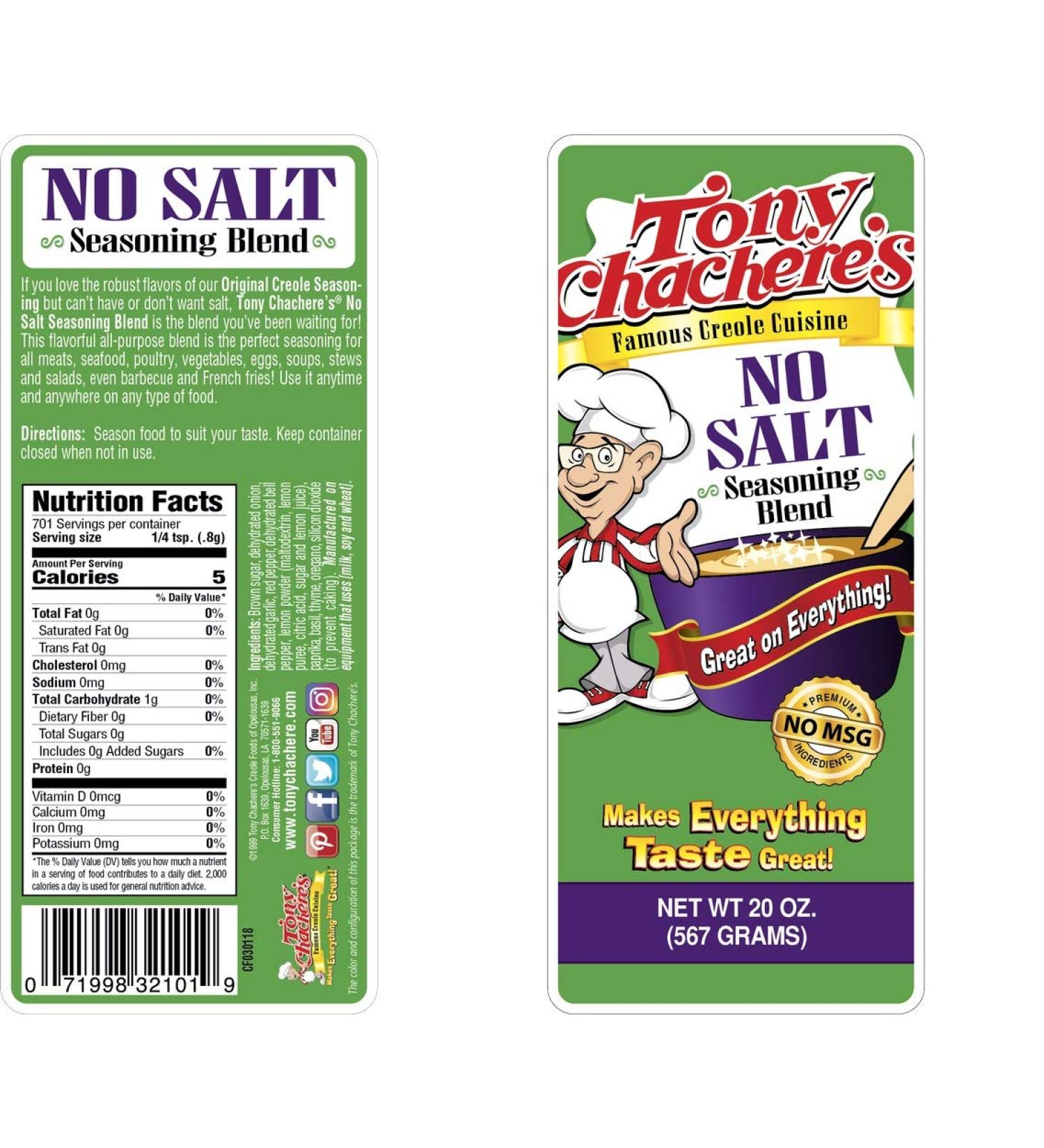 Tony Chachere's No Salt Seasoning, 20 oz