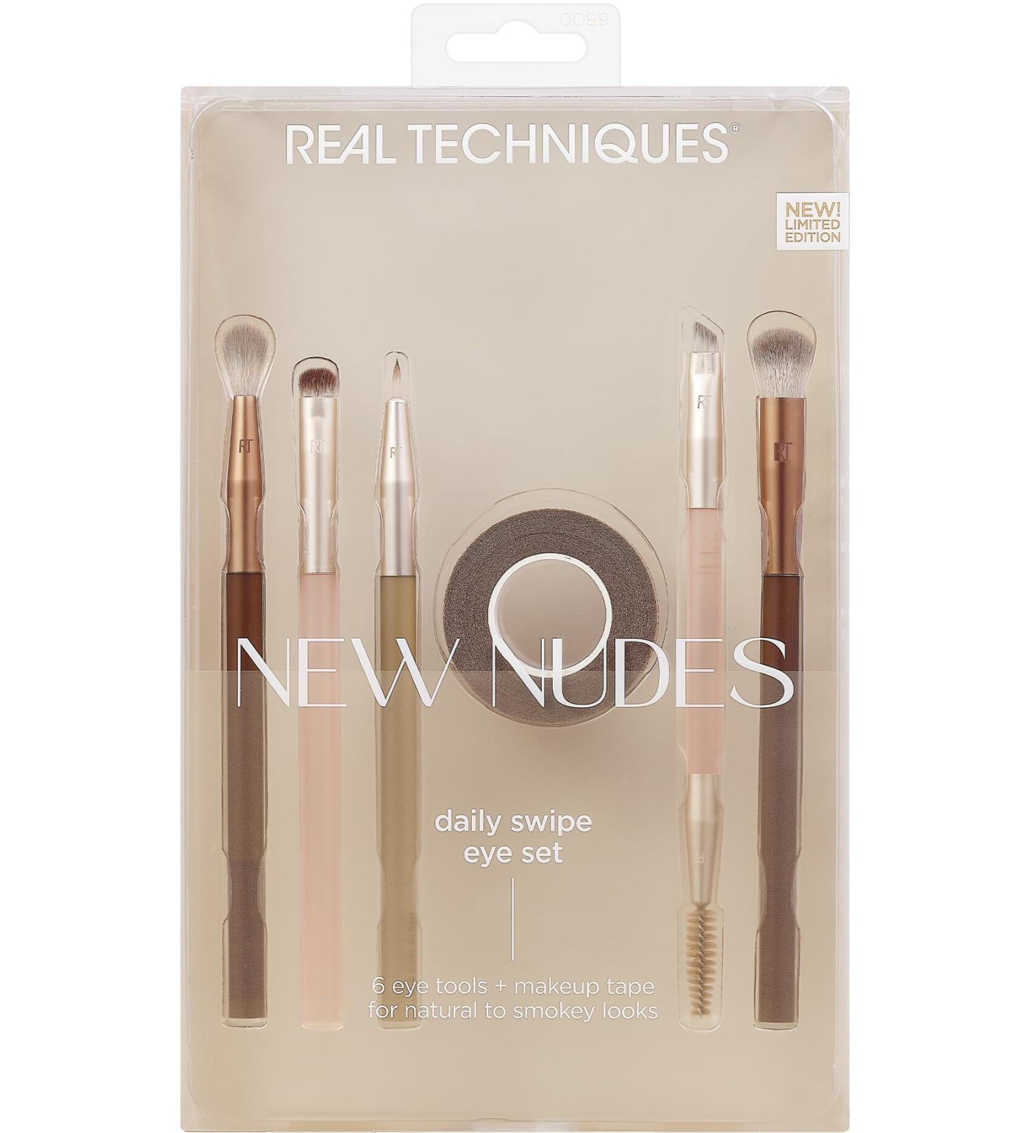 Real Techniques New Nudes Daily Swipe Eye Kit MakeUp Brushes for Eyeshadow Liner & Brows Makeup Tape for Natural Or Smokey Makeup Look Synthetic Bristles Cruelty-Free & Vegan 7 Piece Set