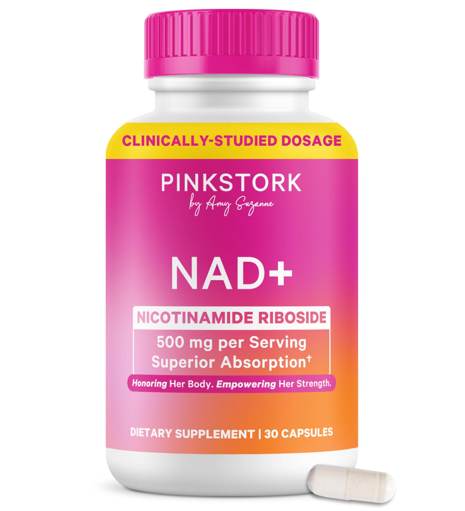 Pink Stork NAD+ Supplement for Women | 500mg Nicotinamide Riboside NR | Clinically-Studied Pure NMN Powder | Brain + Cognitive Support |Energy Skin Essentials Over 30 | 1 Month Supply - Buy Online on GoSupps.com
