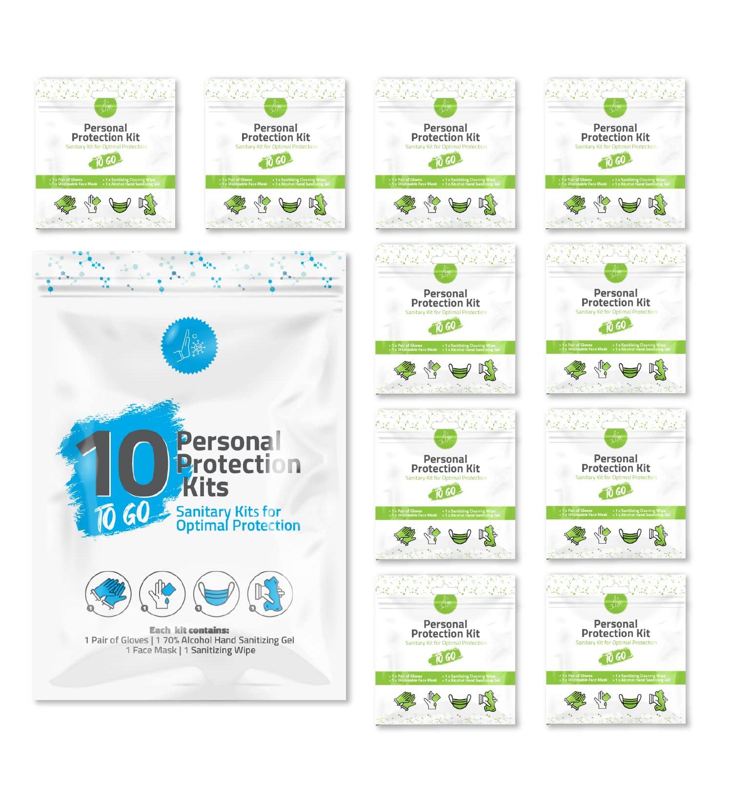 Personal Protection Kit TO GO Mini 4 Item PPE Kit for travel and school | Includes 1 Each of Face Covering Gloves Cleansing Wipes & Hand Cleansing Gel | 10 - Pack (Green) - Buy Online on GoSupps.com