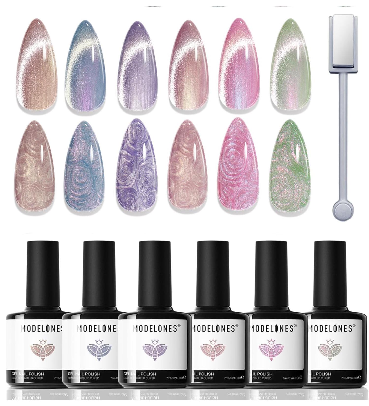 Modelones Cat Eye Gel Nail Polish Set 6 Colors Holographic Purple Pink Blue Gel Polish Glitter 9D Magnetic Gel Polish Shimmer Summer Gel Polish with Magnet Nail Art DIY Salon For Women - Buy Online on GoSupps.com