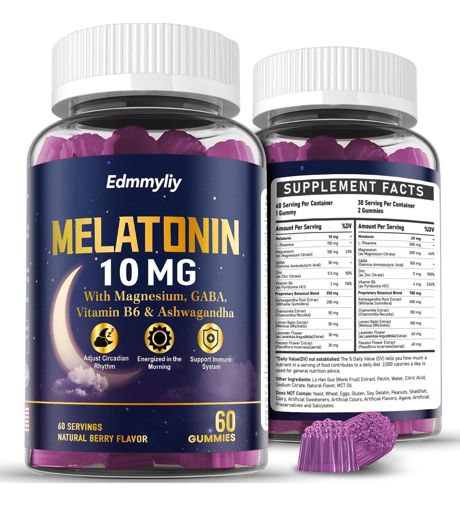Edmmyliy Melatonin 10mg 20mg Gummies for Adults - 10mg of Melatonin Per Gummy with Magnesium, L-Theanine, GABA, Vitamin B6 & Ashwagandha - Supports Health Circadian Rhythm, Sugar Free & Vegan - Buy Online on GoSupps.com