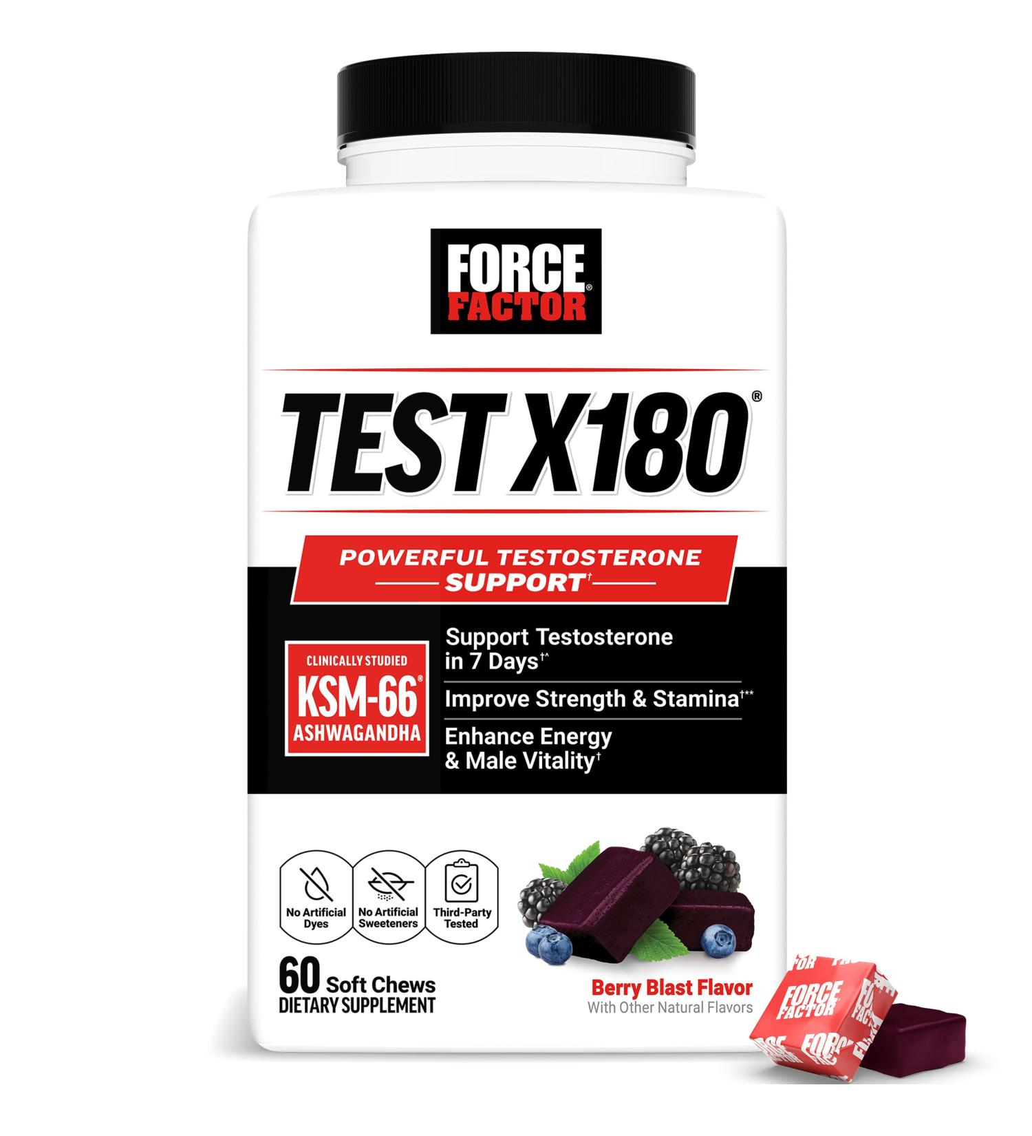 Force Factor Test X180, Testosterone Support for Men with Clinically Studied KSM-66 Ashwagandha, Boron, Vitamin D & Zinc, Support Testosterone & Performance, Berry Blast, 60 Soft Chews - Buy Online on GoSupps.com