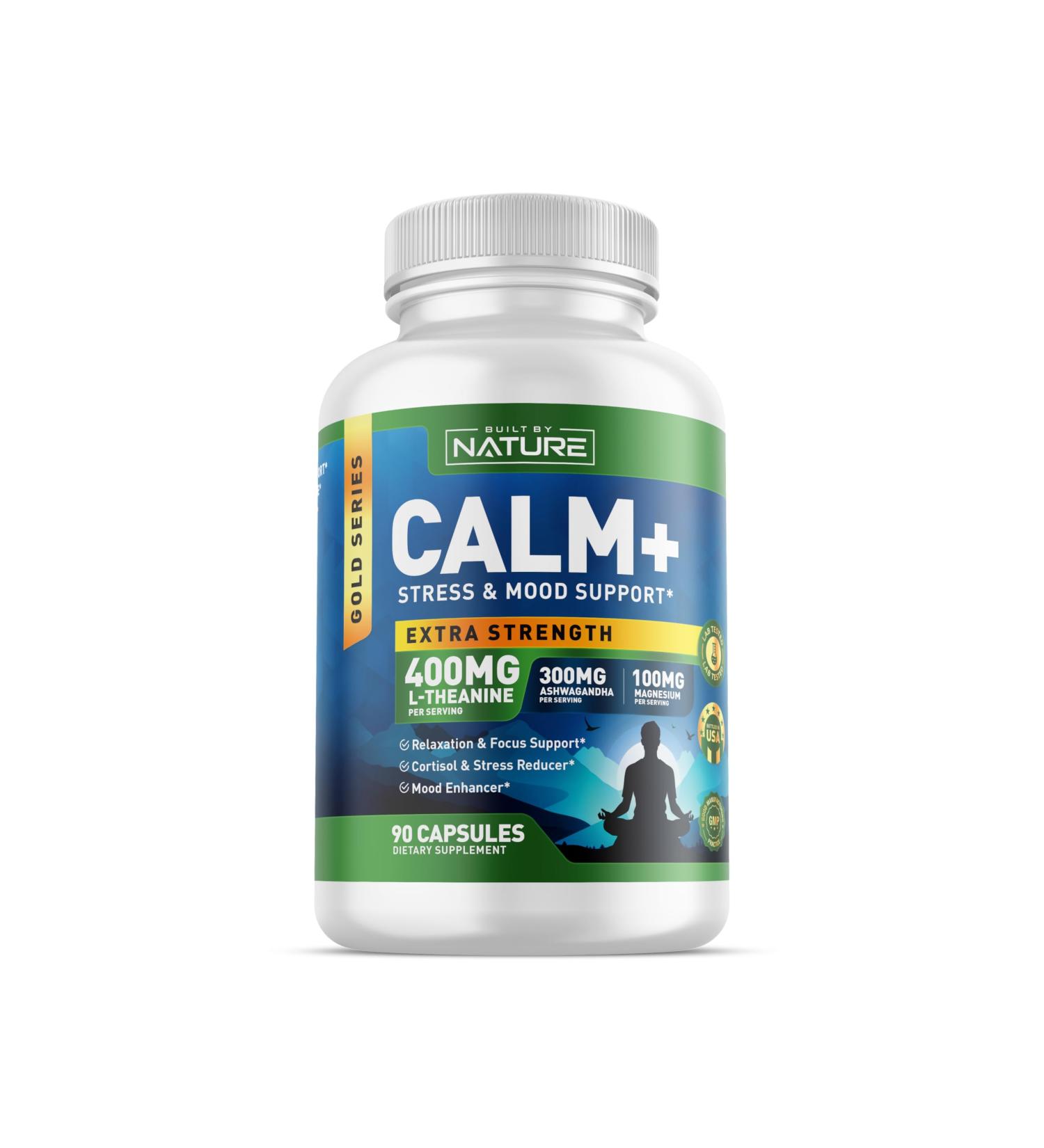 Built by Nature Calm+ Relaxation & Focus Stress Cortisol & Mood Support Calm Supplement with L-Theanine Ashwagandha Magnesium Glycinate Vitamin D3 90 Capsules - Buy Online on GoSupps.com