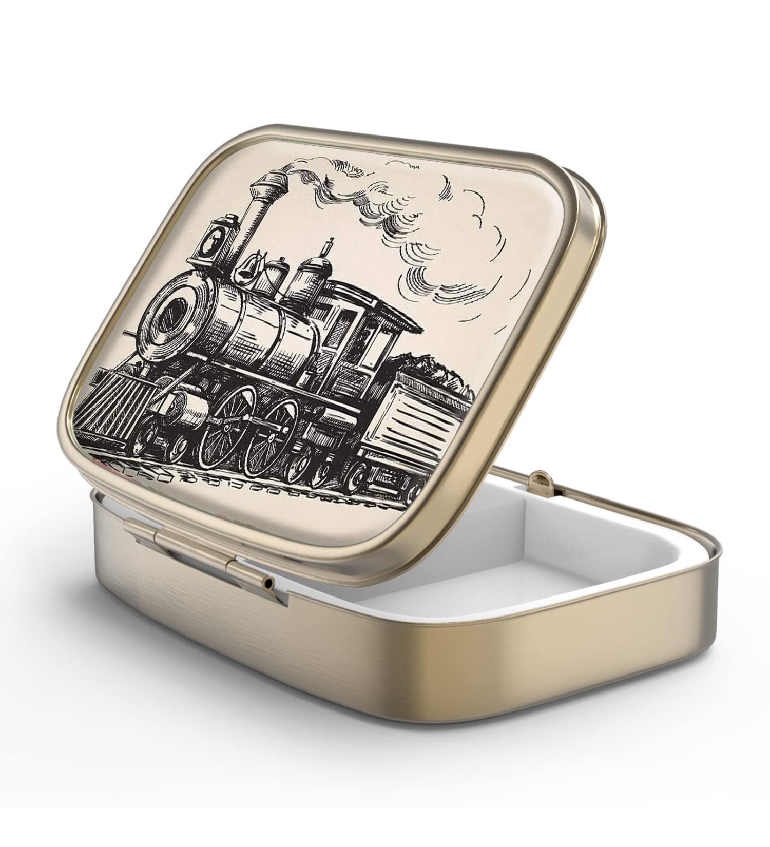 Shop Retro Pill Box with Mirror - Bronze 2-Compartment Vintage Train Design | Perfect for Vitamins & Supplements | International Shipping Available - Buy Online on GoSupps.com
