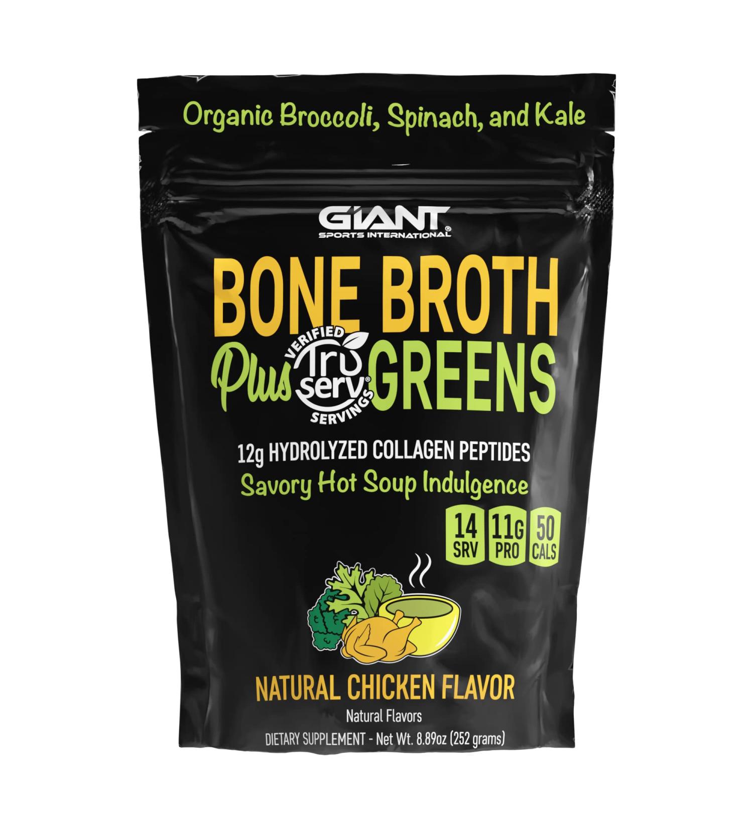 Giant Sports Bone Broth Plus Greens | Organic Super Greens Powder + Collagen Peptides | Paleo & Keto Friendly Chicken Flavor - 14 Servings - Buy Online on GoSupps.com