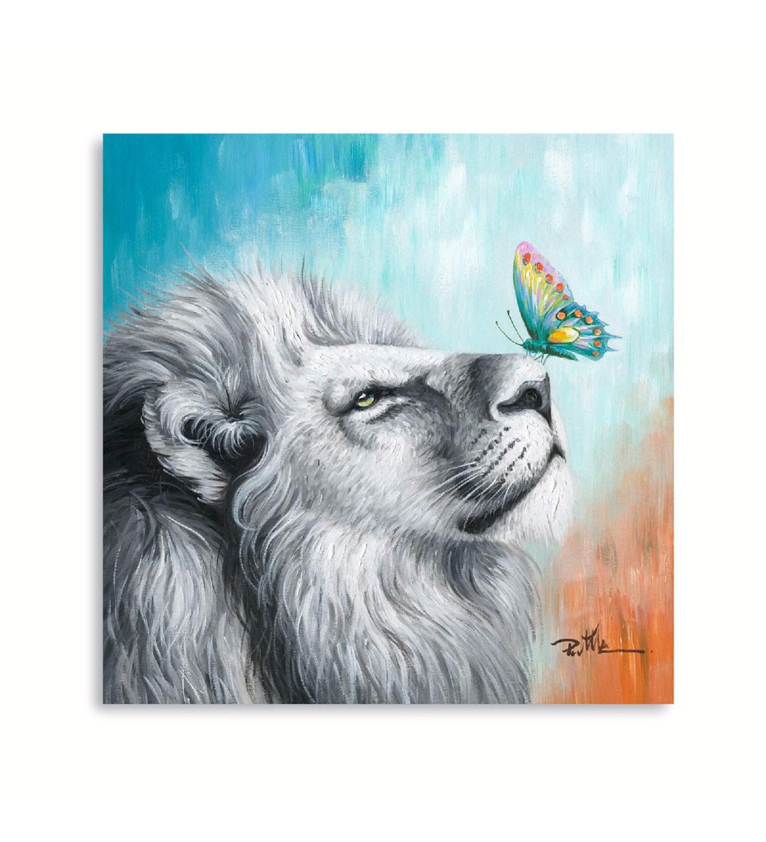 Yidepot Colourful Lion and Butterfly Wall Art - 30x30CM White Lion Playing with Cute Butterfly Picture for Kids Bedroom - Bathroom Wall Decor - Buy Online on GoSupps.com