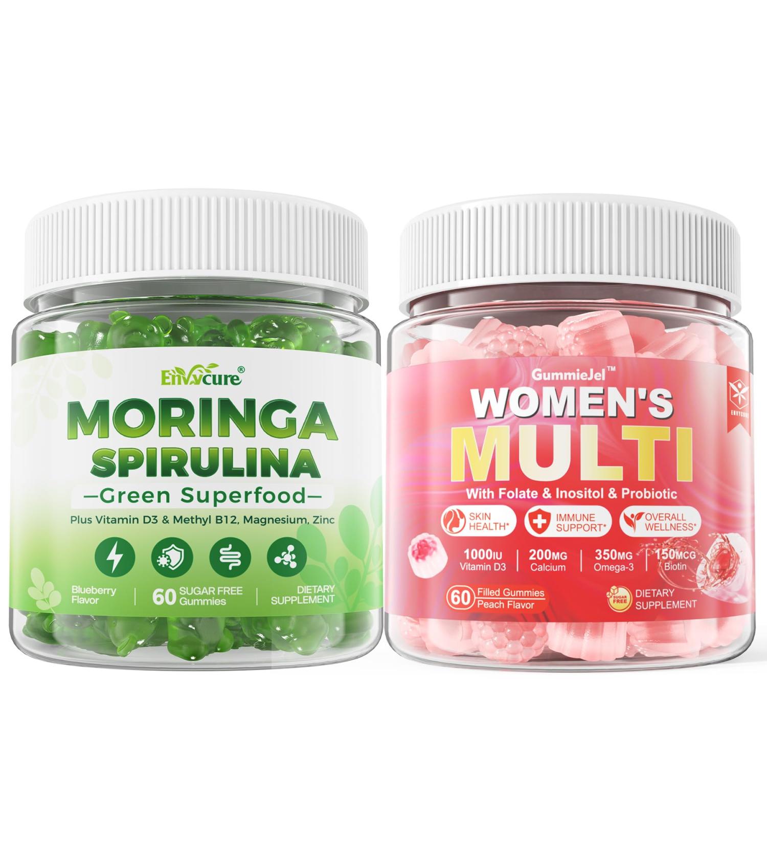 EnvyCure 2 Pack Moringa Spirulina Gummies Organic with 1 Pack Sugar-Free Women's Multivitamin Gummies - Buy Online on GoSupps.com