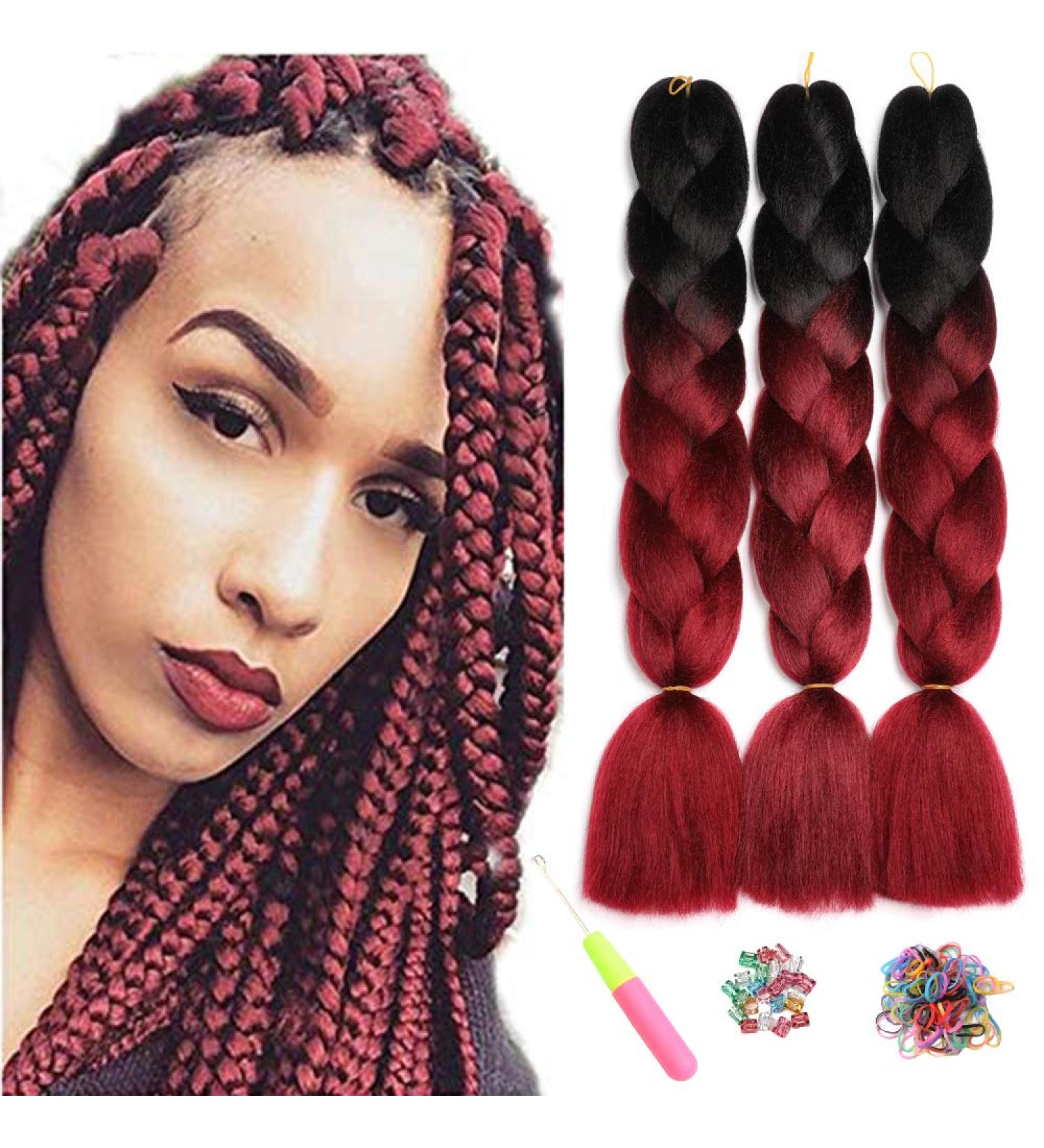 Showjarlly Kanecalon Hair Extensions - Ombre Jumbo Braids 24 (3 Pack) in Black/Wine Red for Braiding - High-Quality Kunsthaar - Buy Online on GoSupps.com