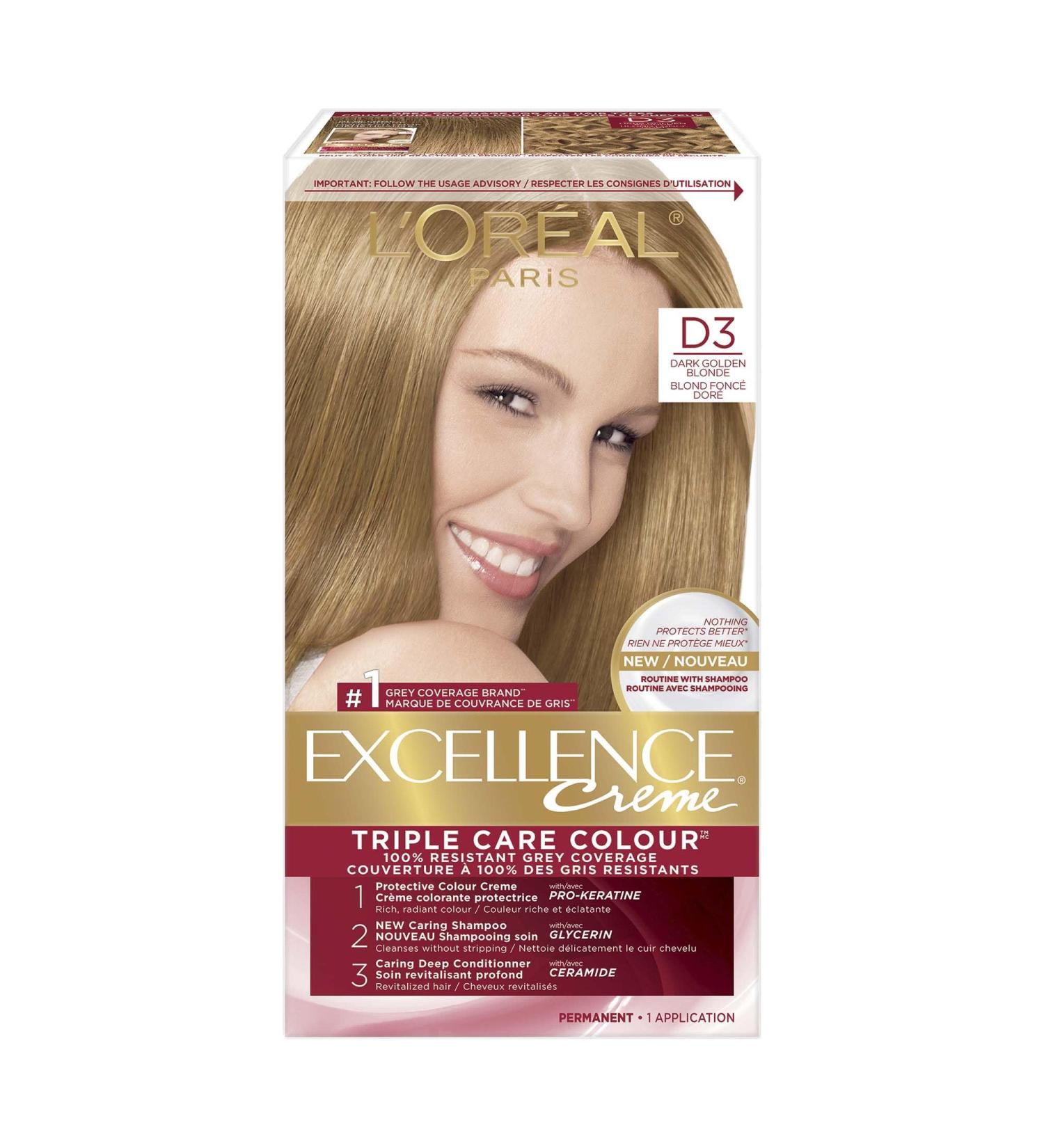 L Or al Paris Excellence Cr me Permanent Hair Color D3 Dark Golden Blonde 100% Grey Coverage Hair Dye 1 EA (Packaging May Vary) D3 Dark Golden Blonde Cream formula - Buy Online on GoSupps.com