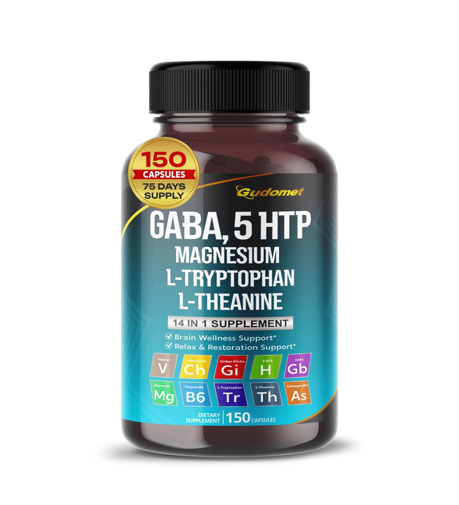 Buy GABA 5-HTP L-Tryptophan L-Theanine & More - 150 Capsules Made in USA | Vegan Friendly Supplements for Mood & Relaxation - Buy Online on GoSupps.com