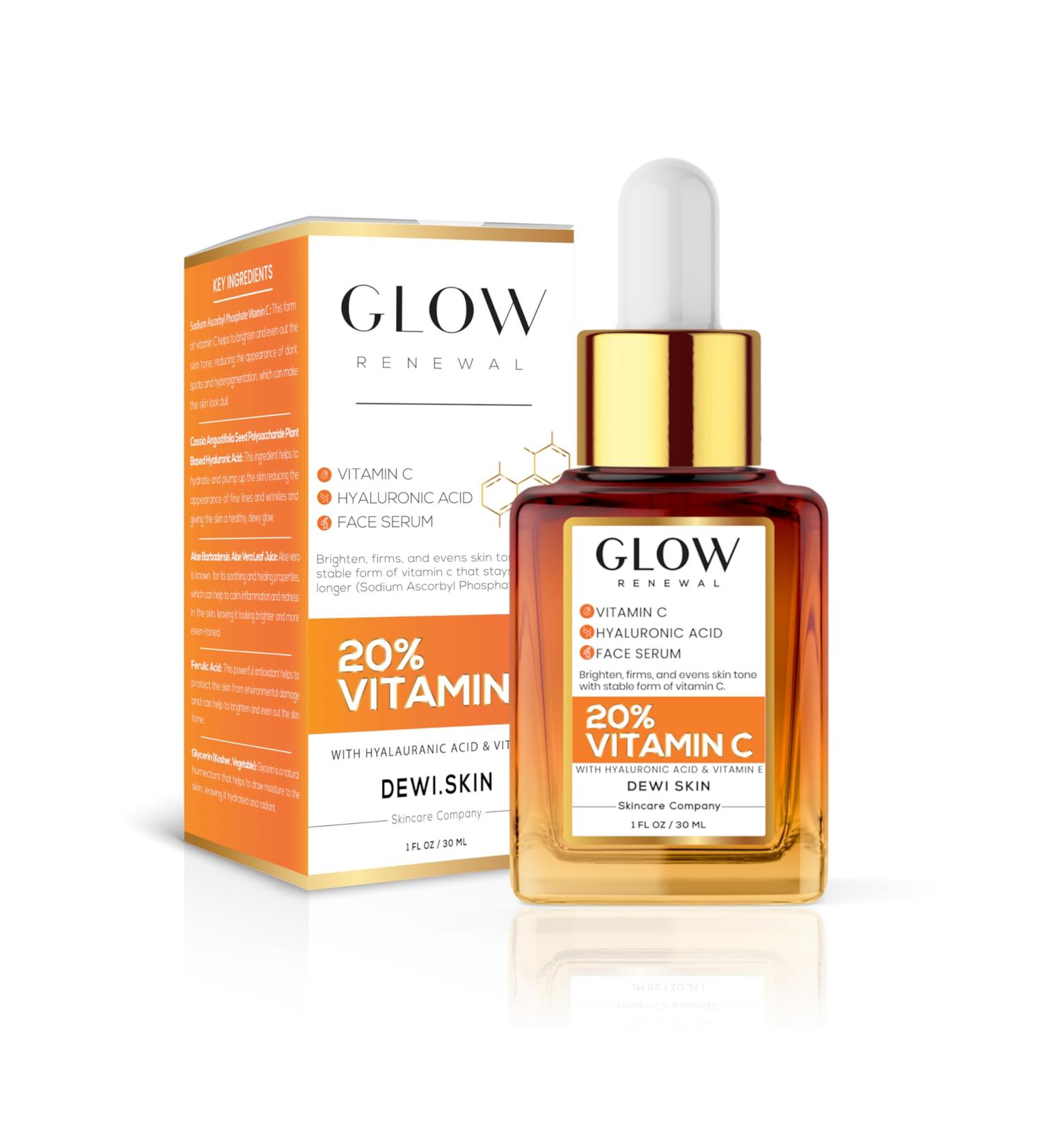 Glow Renewal 20% Vitamin C Serum - Brightening & Anti-Aging Face & Eye Formula with Hyaluronic Acid - Even Skin Tone Reduce Fine Lines & Dark Spots - 1 oz - Buy Online on GoSupps.com